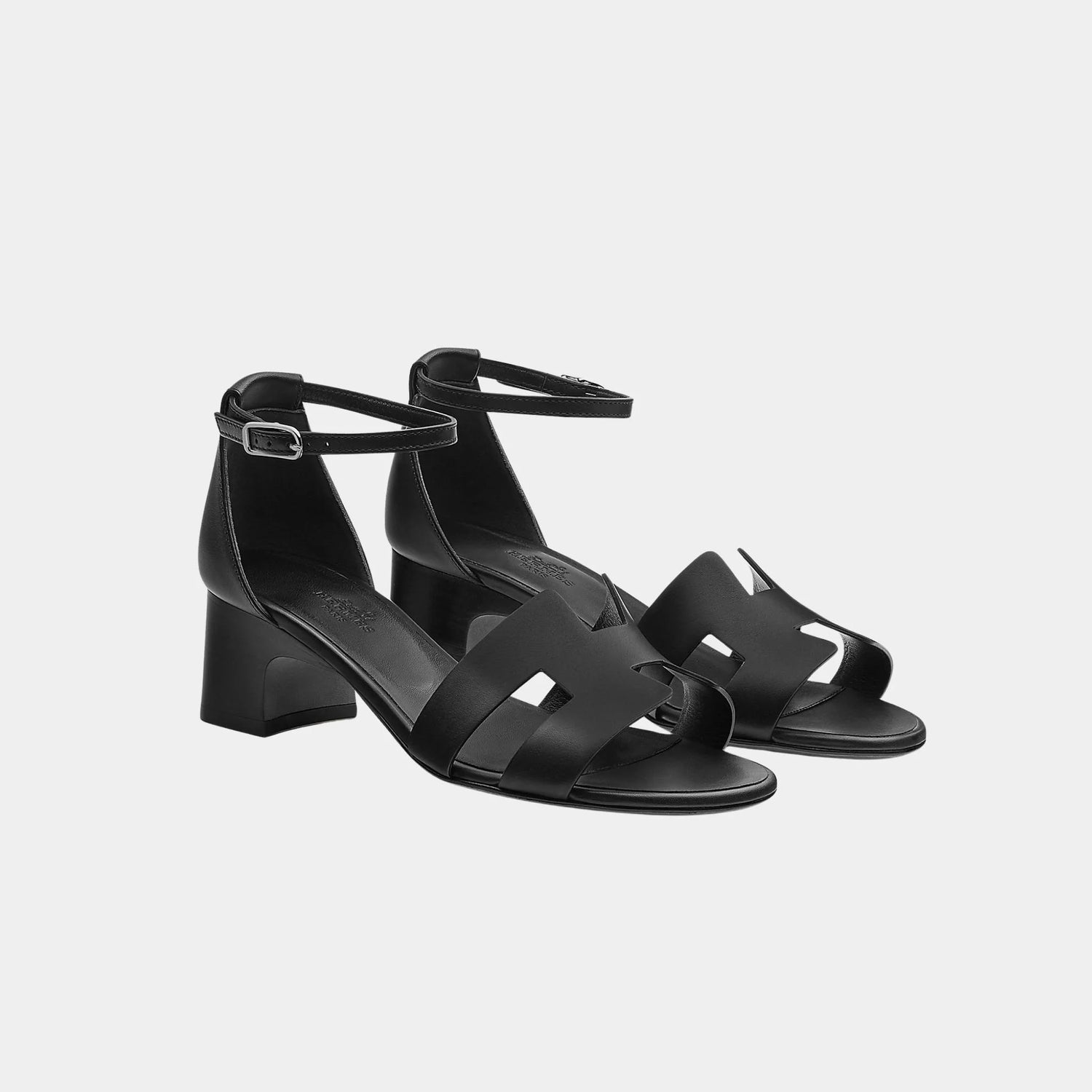 Hermes Encens 50 Heeled Sandals in Calfskin, Noir, Front
