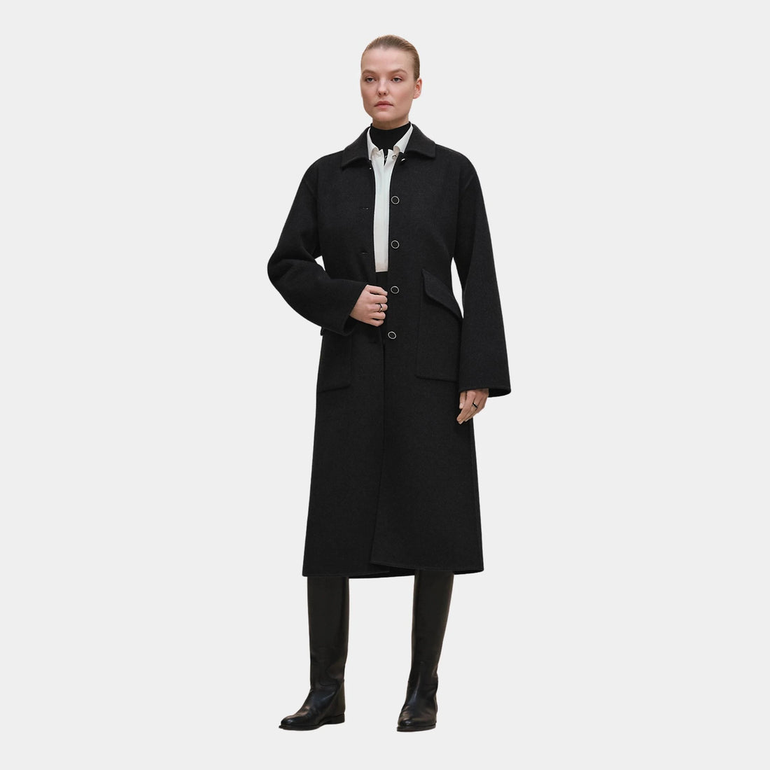 Hermes Equestrian Long Jacket in Double-sided Cashmere, Gris Volcanique, Front