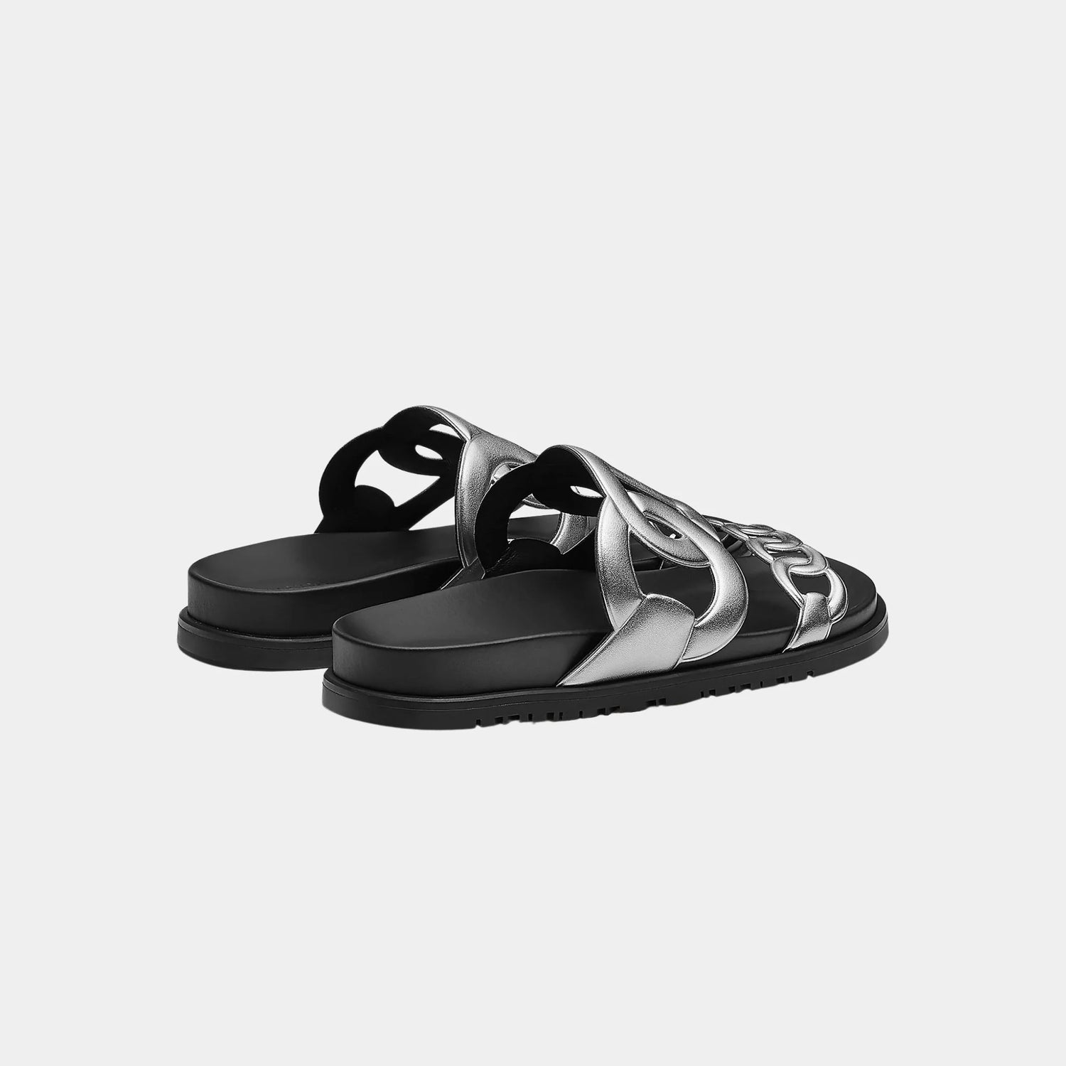 Hermes Extra Sandals in Metallic Nappa Leather, Gris Agarante, Back