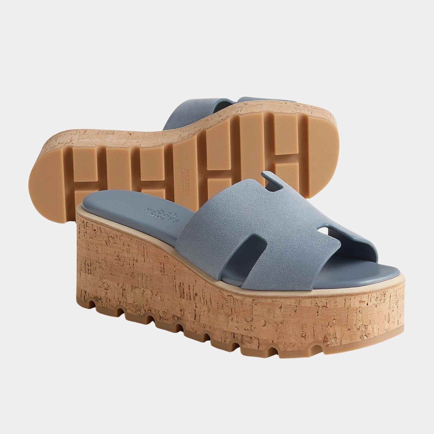 Hermes Eze 30 Sandals Suede Goatskin, Bleu Grignon, Front