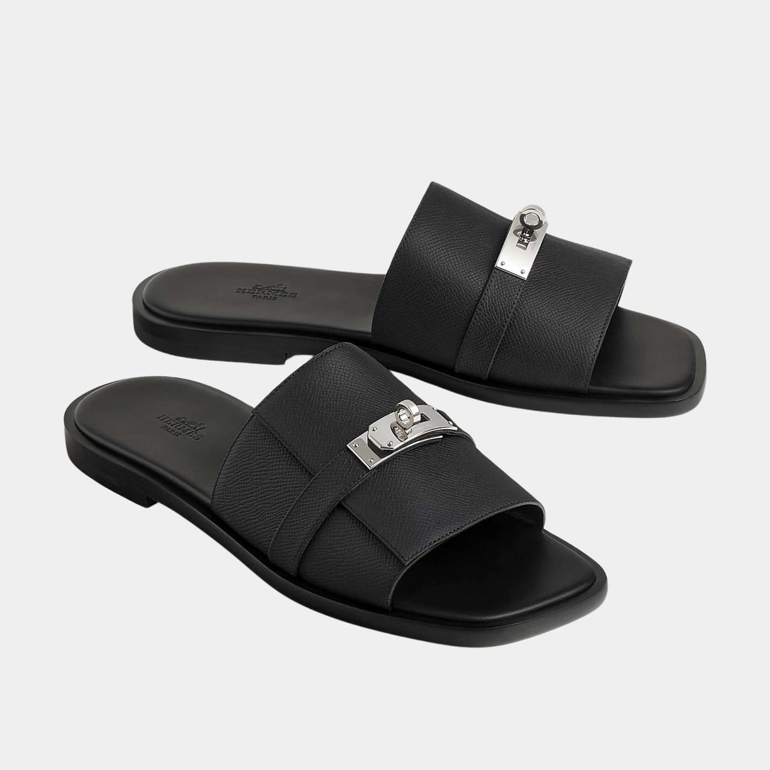 Hermes Gabriel Sandal Epsom Calfskin Palladium Plated Buckle, Noir, Front