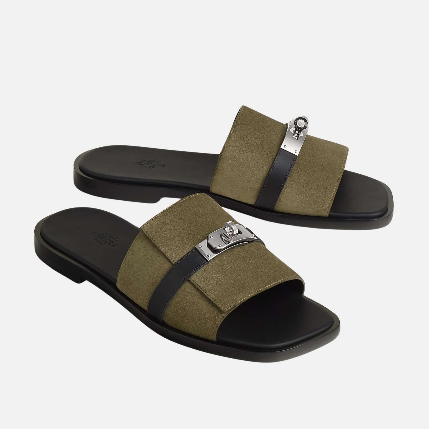 Hermes Gabriel Sandal Suede and Calfskin, Vert Toundra, Noir, Front