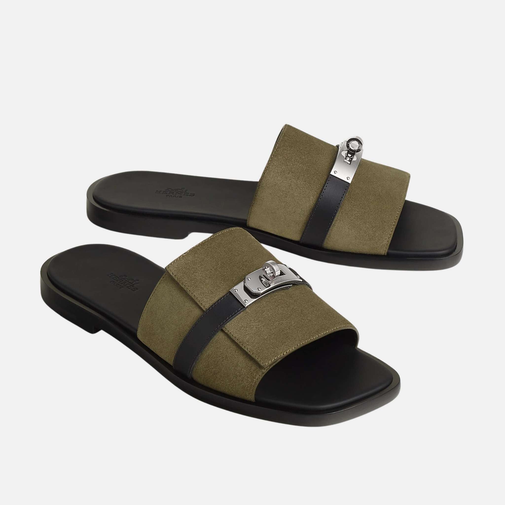 Hermes Gabriel Sandal Suede and Calfskin, Vert Toundra, Noir, Front