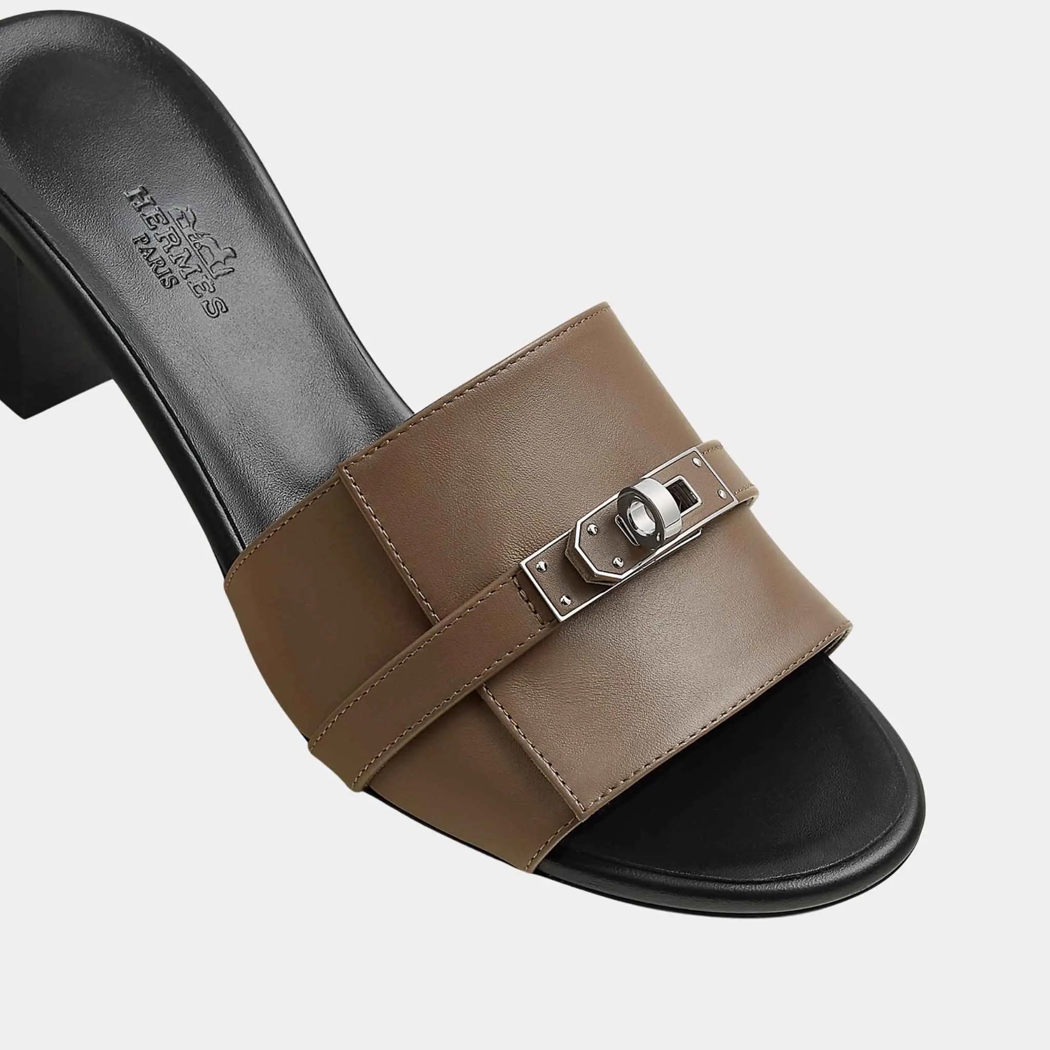 Hermes Gigi 50 Sandals Calfskin, Etoupe, Top