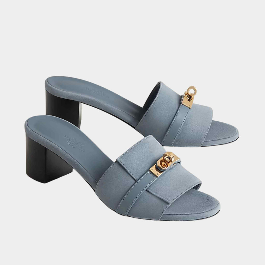 Hermes Gigi 50 Sandals Blue Pomace, Side and Front