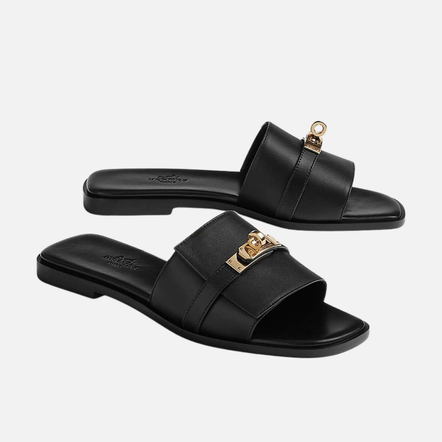 Hermes Giulia Sandal In Calfskin, Black/Gold, Front, Side