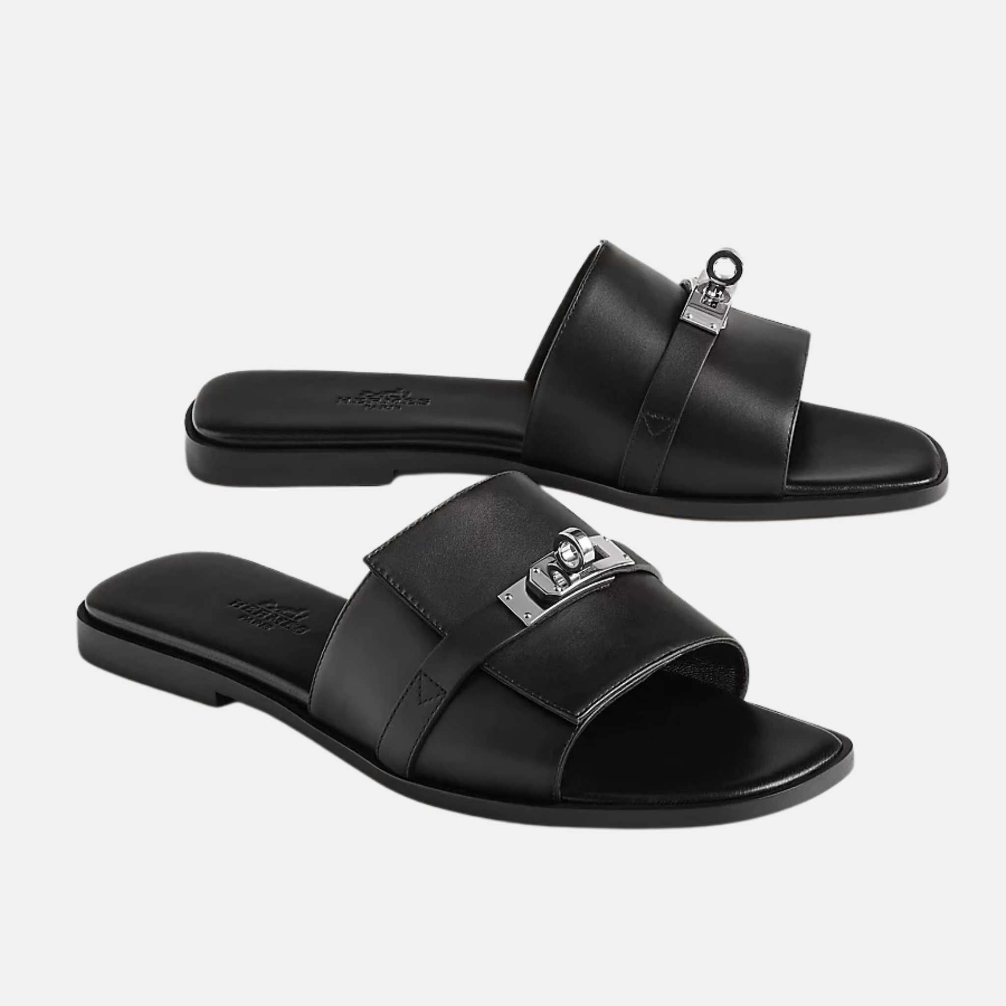 Hermes Giulia Sandal In Calfskin, Black/Sliver, Front