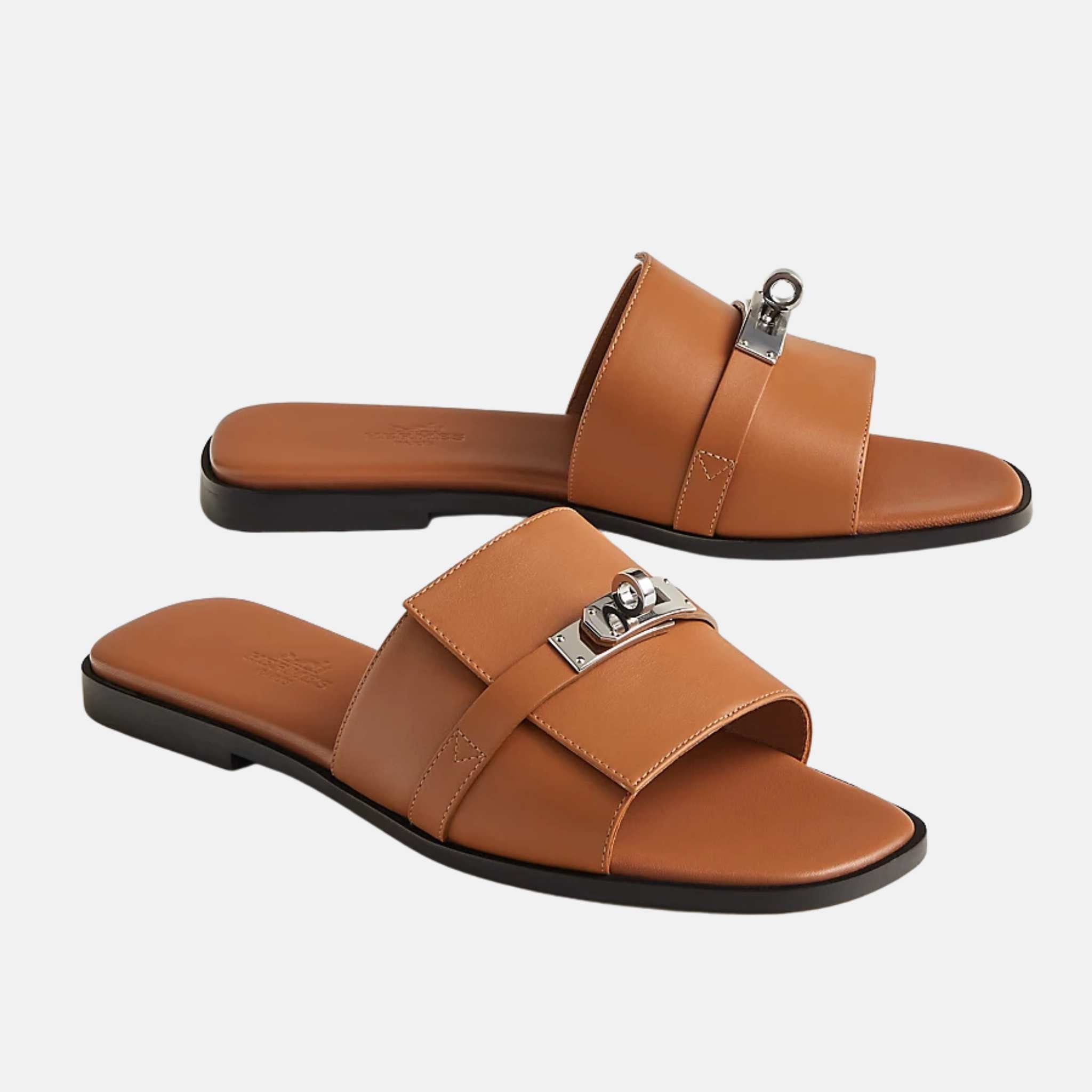 Hermes Giulia Sandal In Calfskin, Naturel, Front, Side