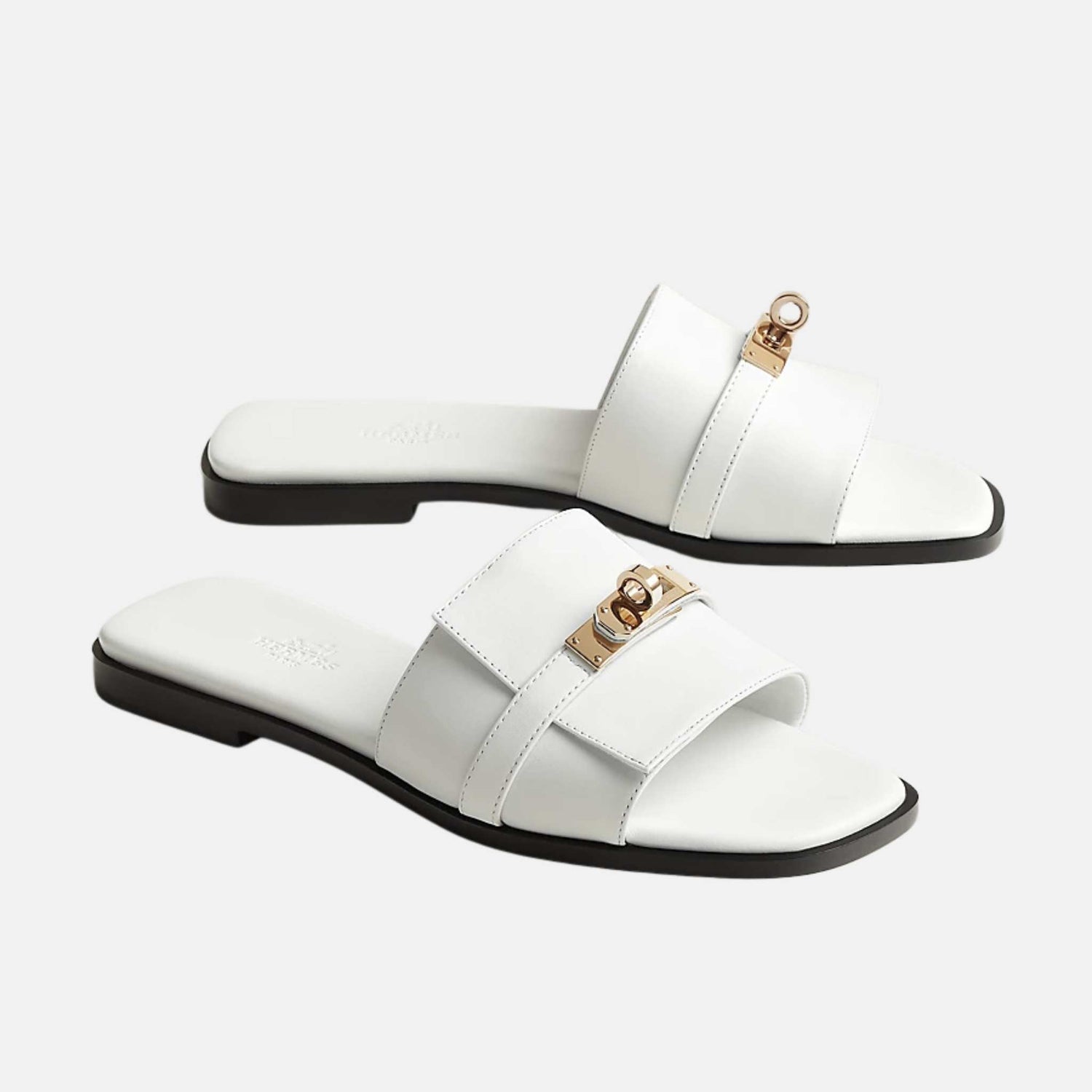 Hermes Giulia Sandal In Calfskin, White/Gold, Front, Side