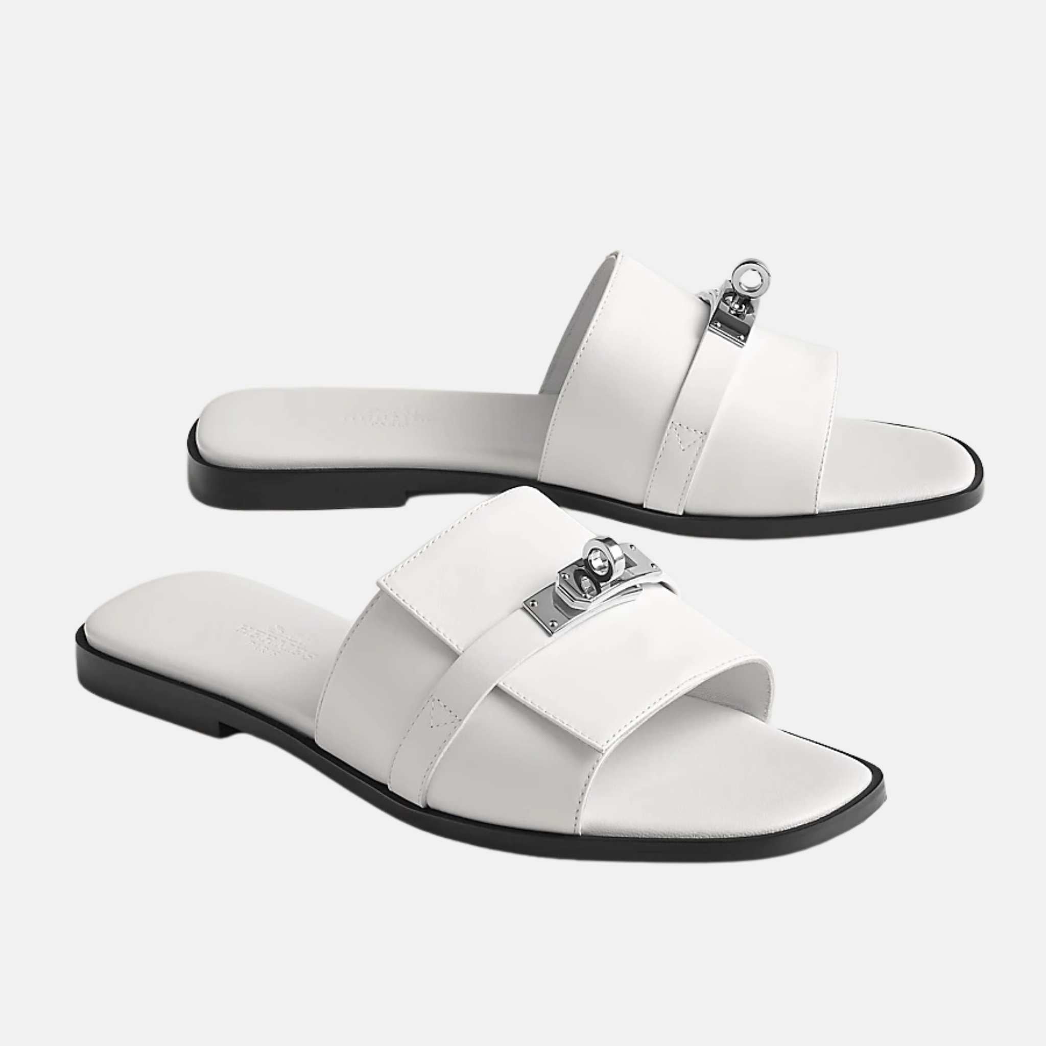 Hermes Giulia Sandal In Calfskin, White/Sliver, Front, Side