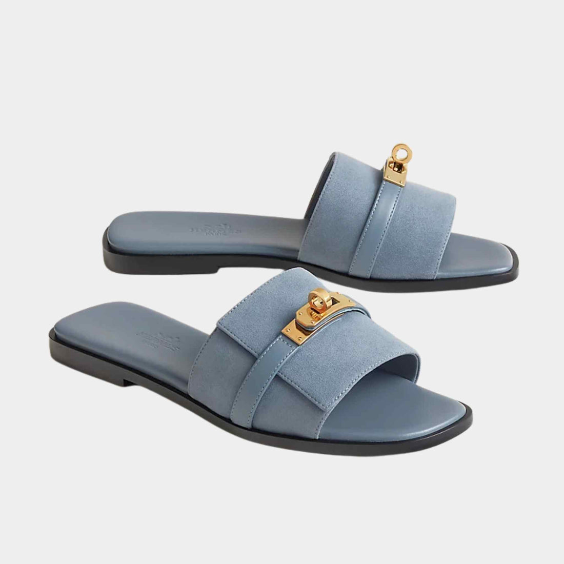 Hermes Giulia Sandals Blue Pomace, front and side