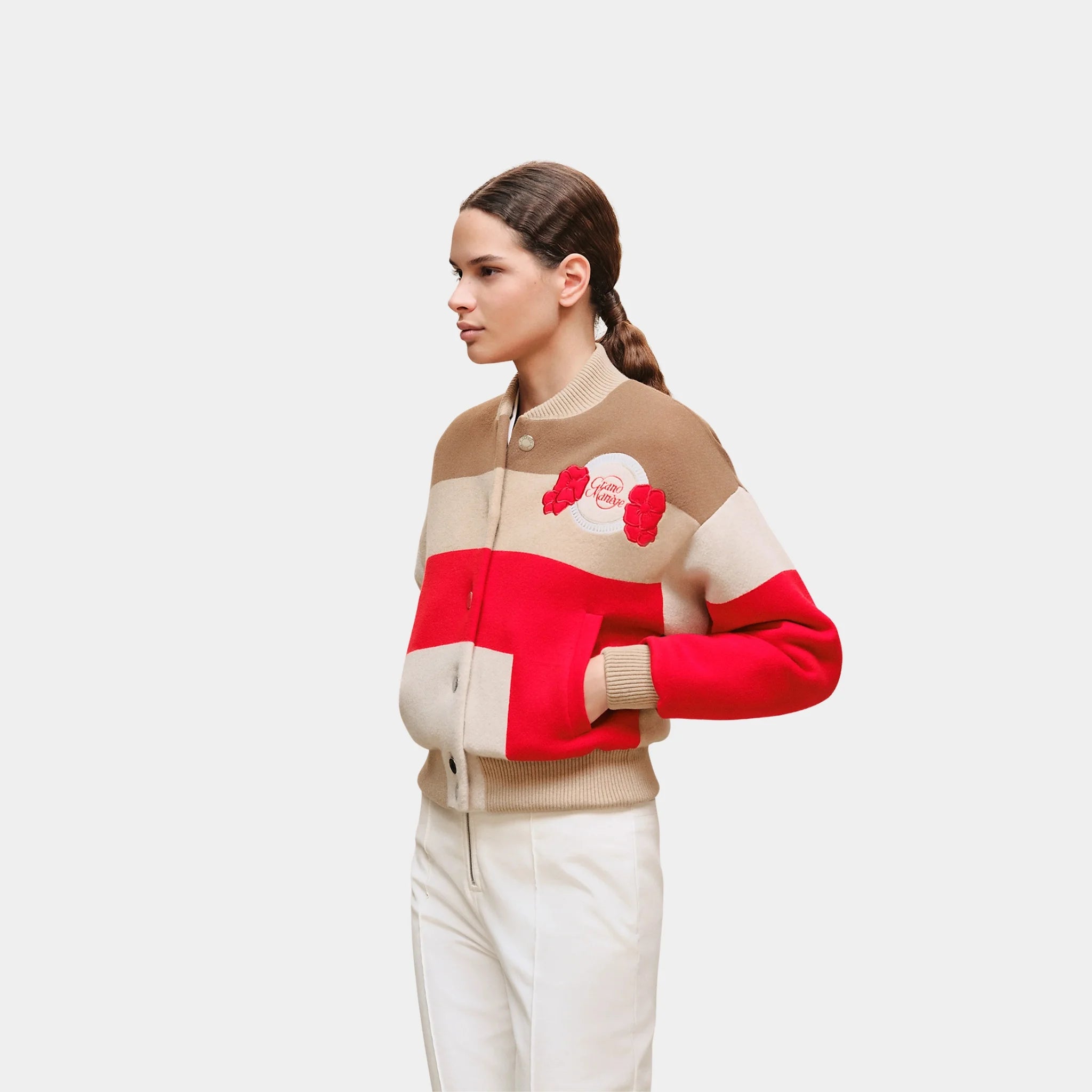 Hermes Grand Manege Quilted Varsity Jacket, Beige Amande, Front