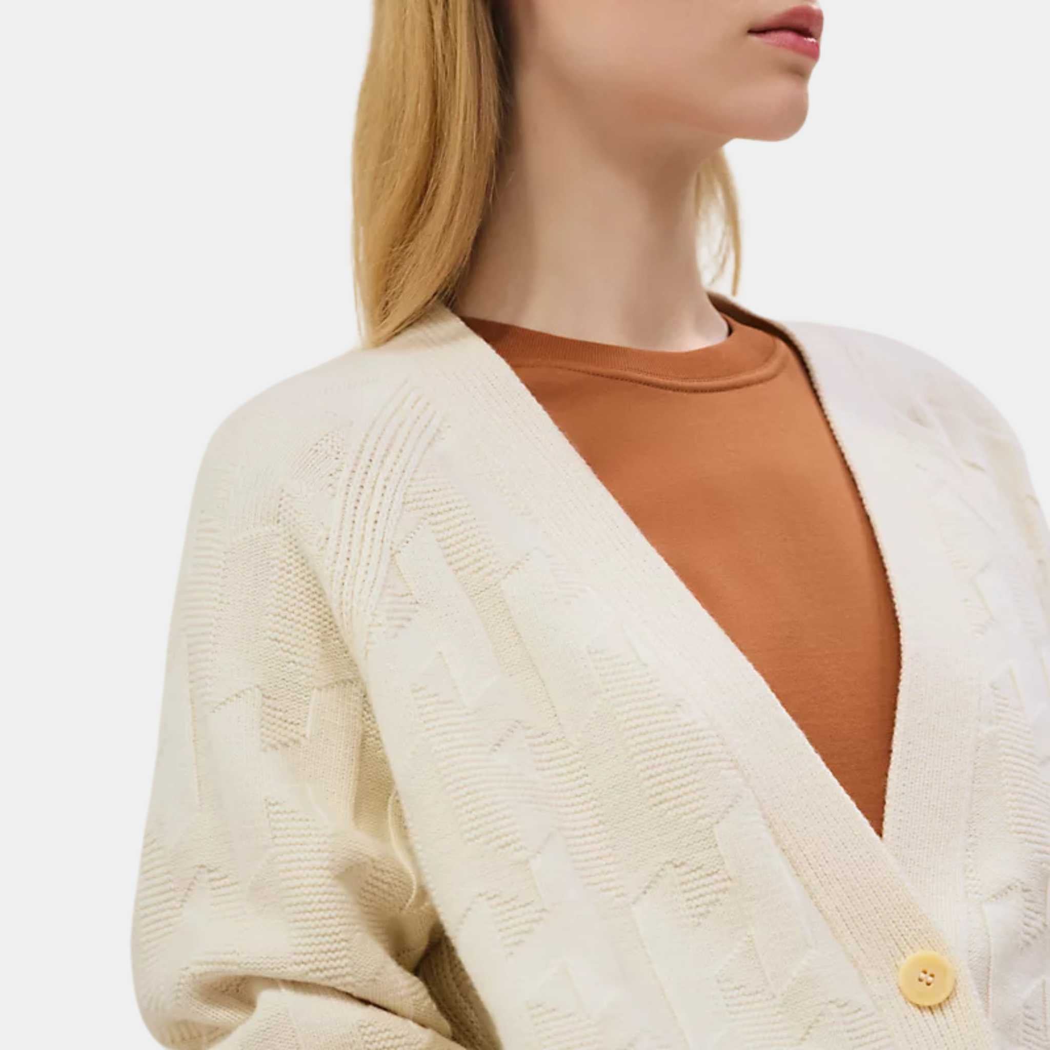 Hermes H Long-Sleeve Cardigan Blanc Naturel, Front, Model, Closeup