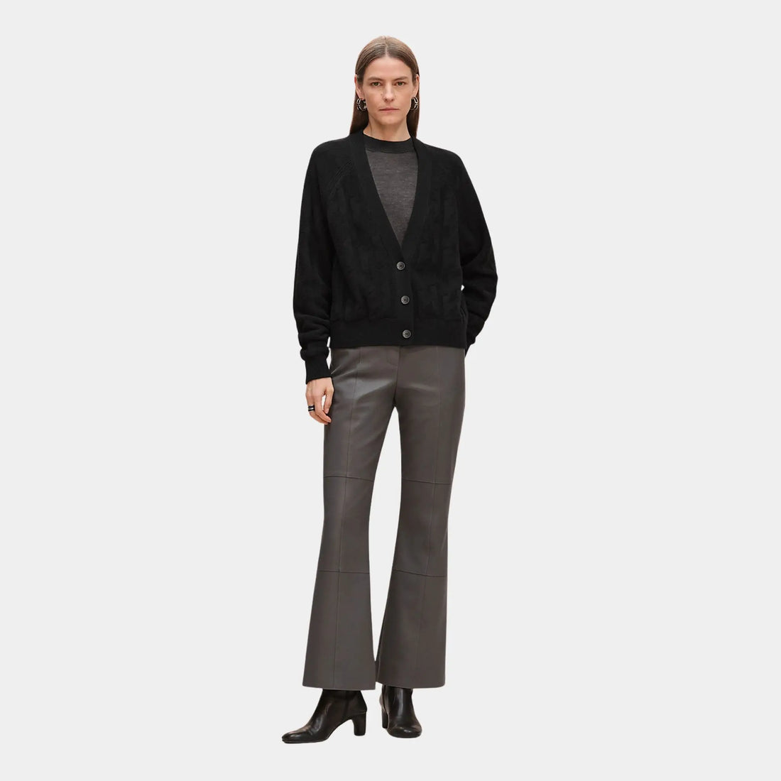 Hermes H Long-sleeve Cardigan in Plain Wool Knit, Noir, Front