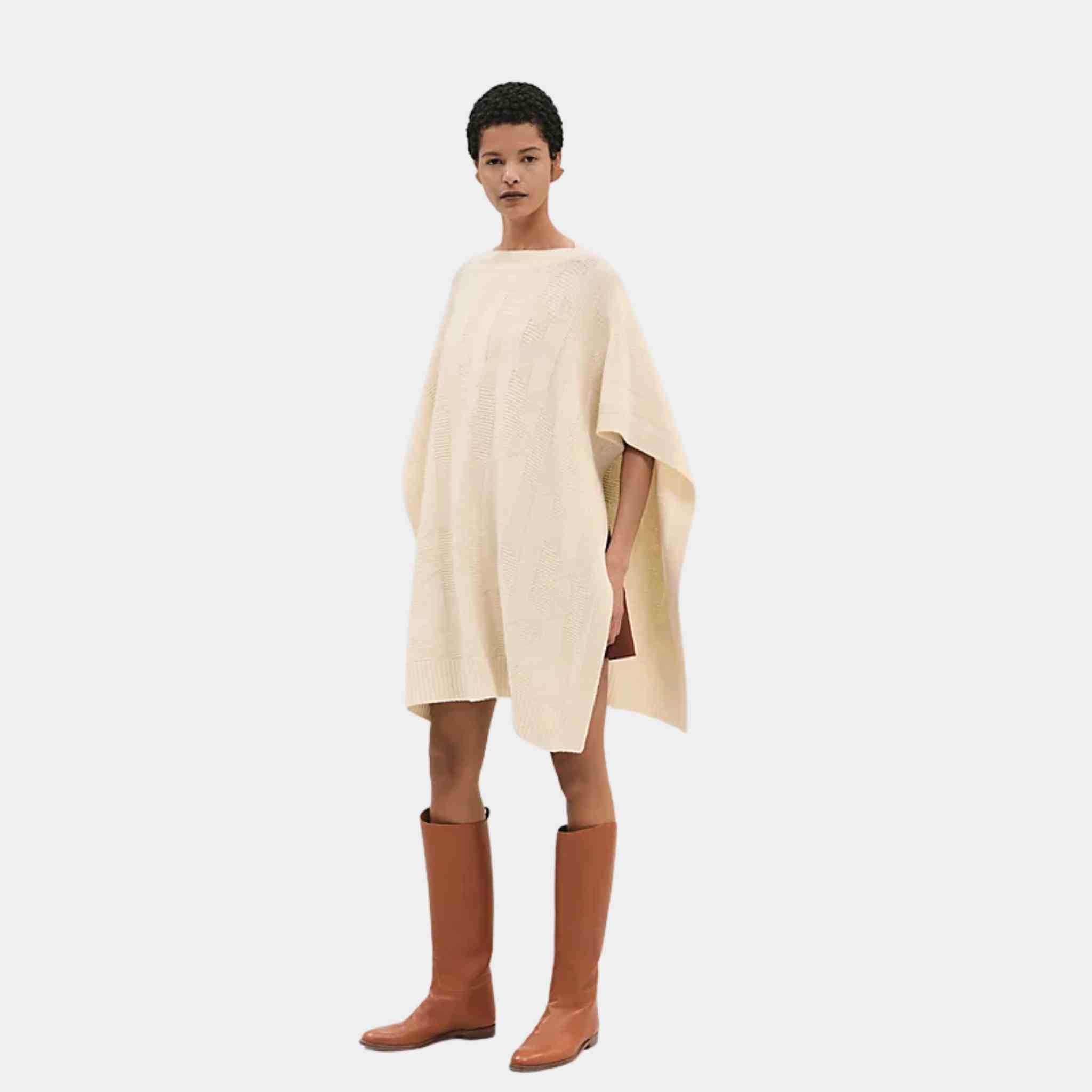 Hermes H Rectangular Cape Poncho Blanc Naturel, front, Model