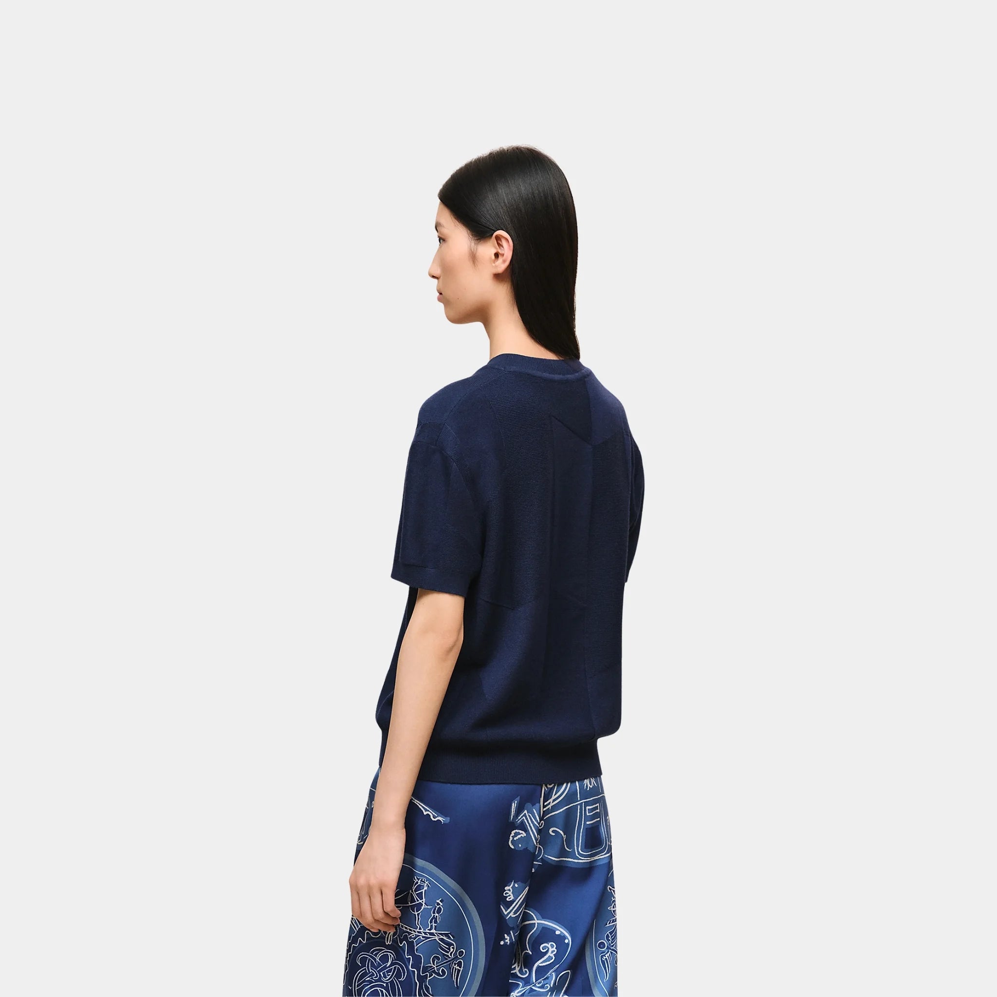 Hermes H Voyage Short-sleeve Sweater in Wool, Bleu Outremer, Back