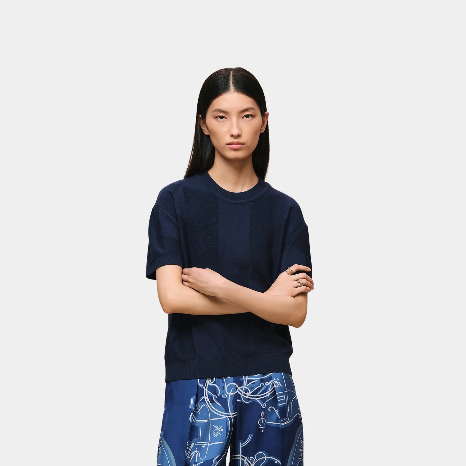 Hermes H Voyage Short-sleeve Sweater in Wool, Bleu Outremer, Front