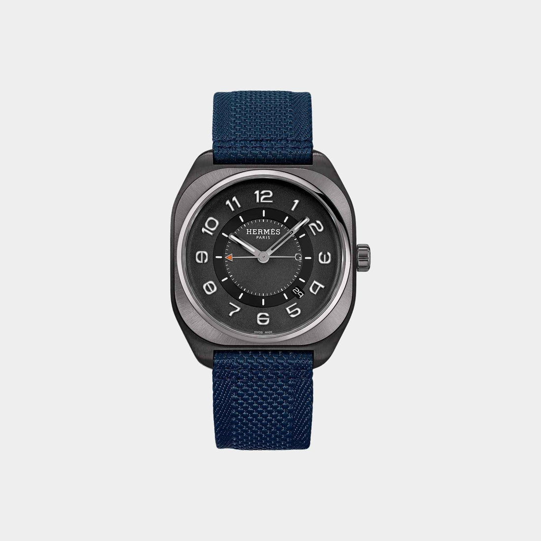 Hermes H08 42mm Titanium Watch with Navy Blue Webbing Strap, Front