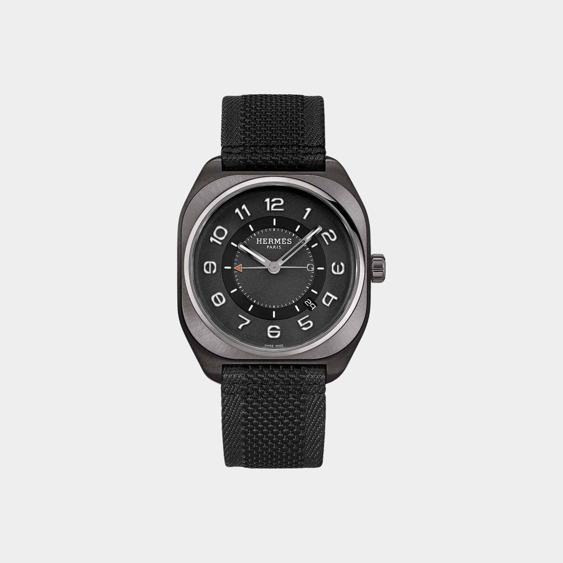 Hermes H08 Matte Black Satin-Finish Titanium Watch With Webbing Strap, Front