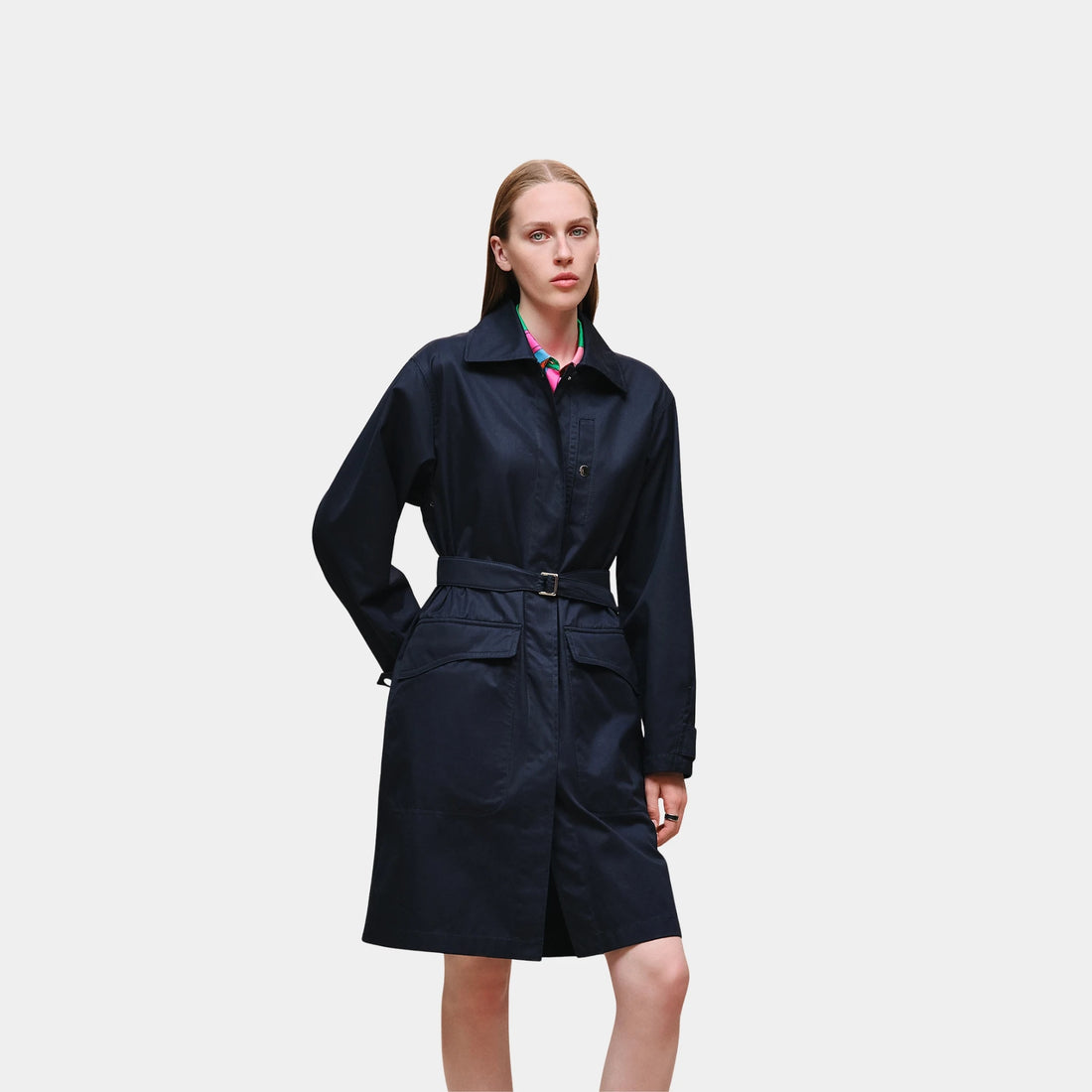 Hermes Harness Coat in Technical Cotton Twill, Bleu Noir, Front