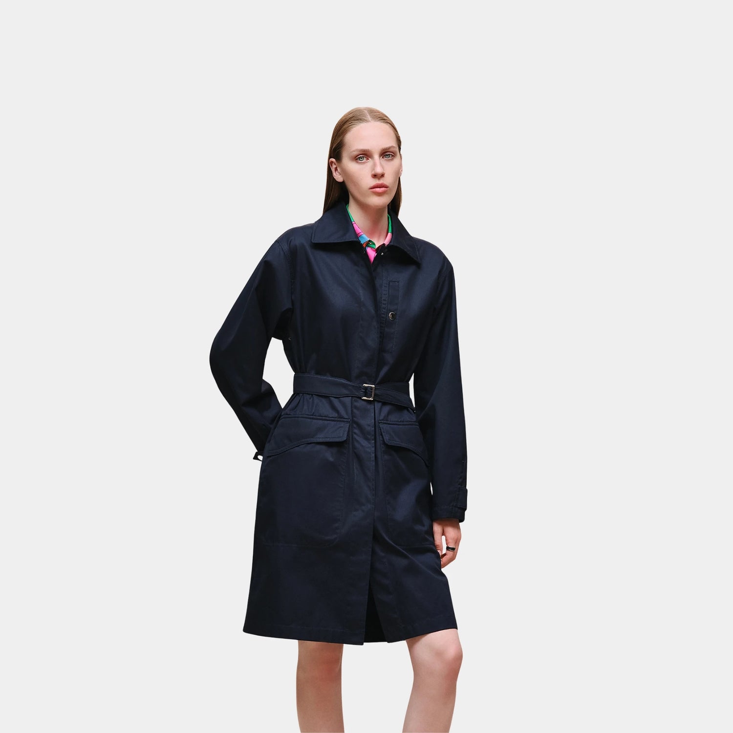 Hermes Harness Coat in Technical Cotton Twill, Bleu Noir, Front
