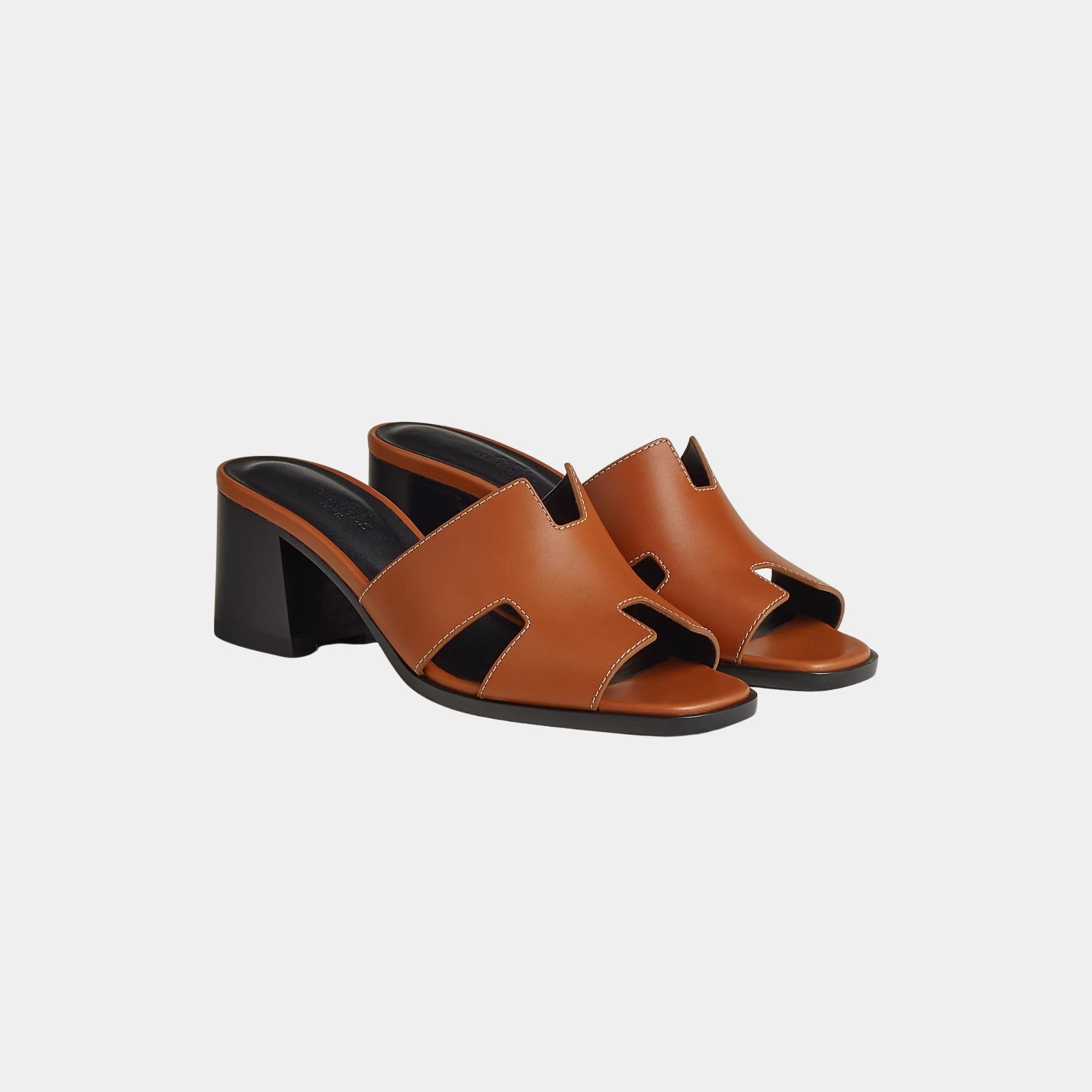 Hermes Helia 60 High Heel Heritage Calfskin Sandal, Front