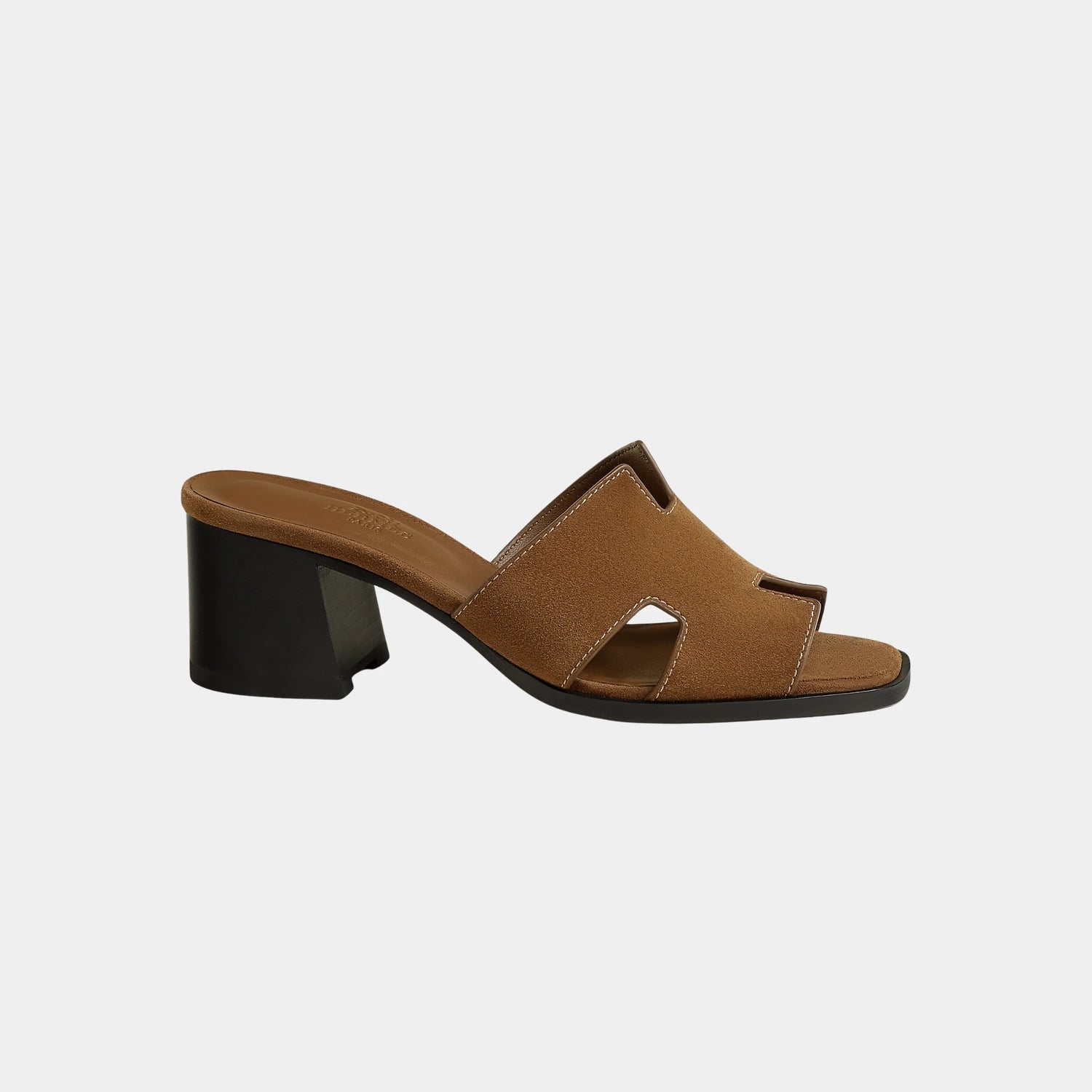 Hermes Helia 60 High Heel Suede Goatskin Sandal, Brun Fume, Side