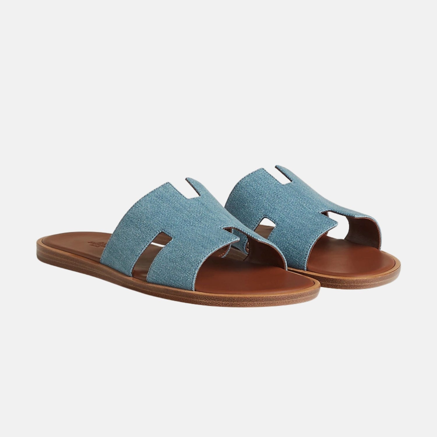 Hermes Izmir Sandal In Denim, Bleu Clair Gold, Front