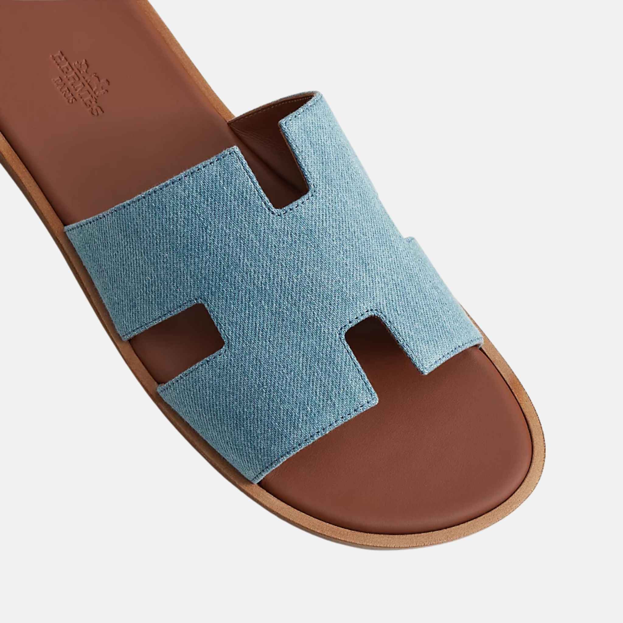 Hermes Izmir Sandal In Denim, Bleu Clair Gold, Top