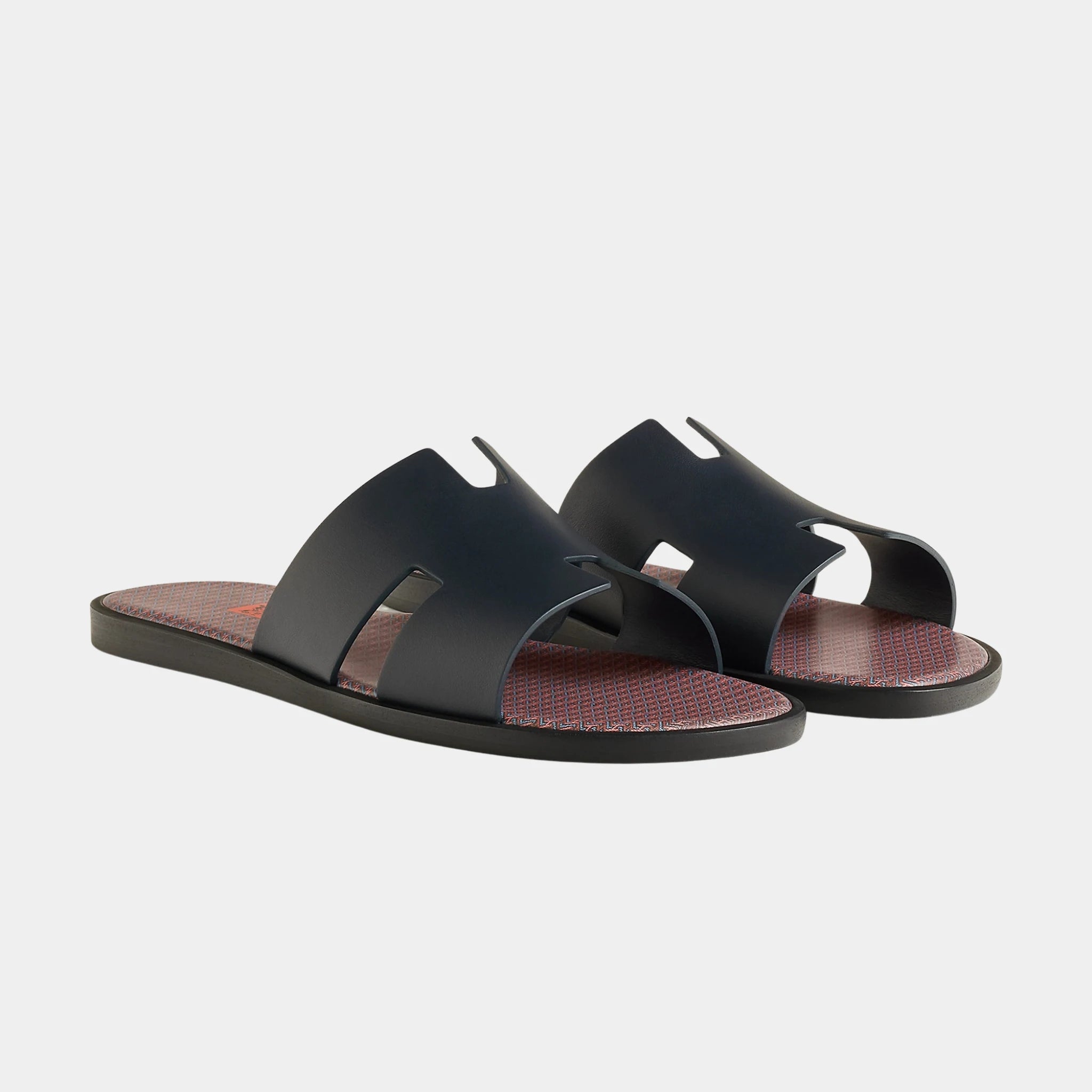 Hermes Izmir Sandals in Calfskin with H in Shadow Pattern, Marine, Front