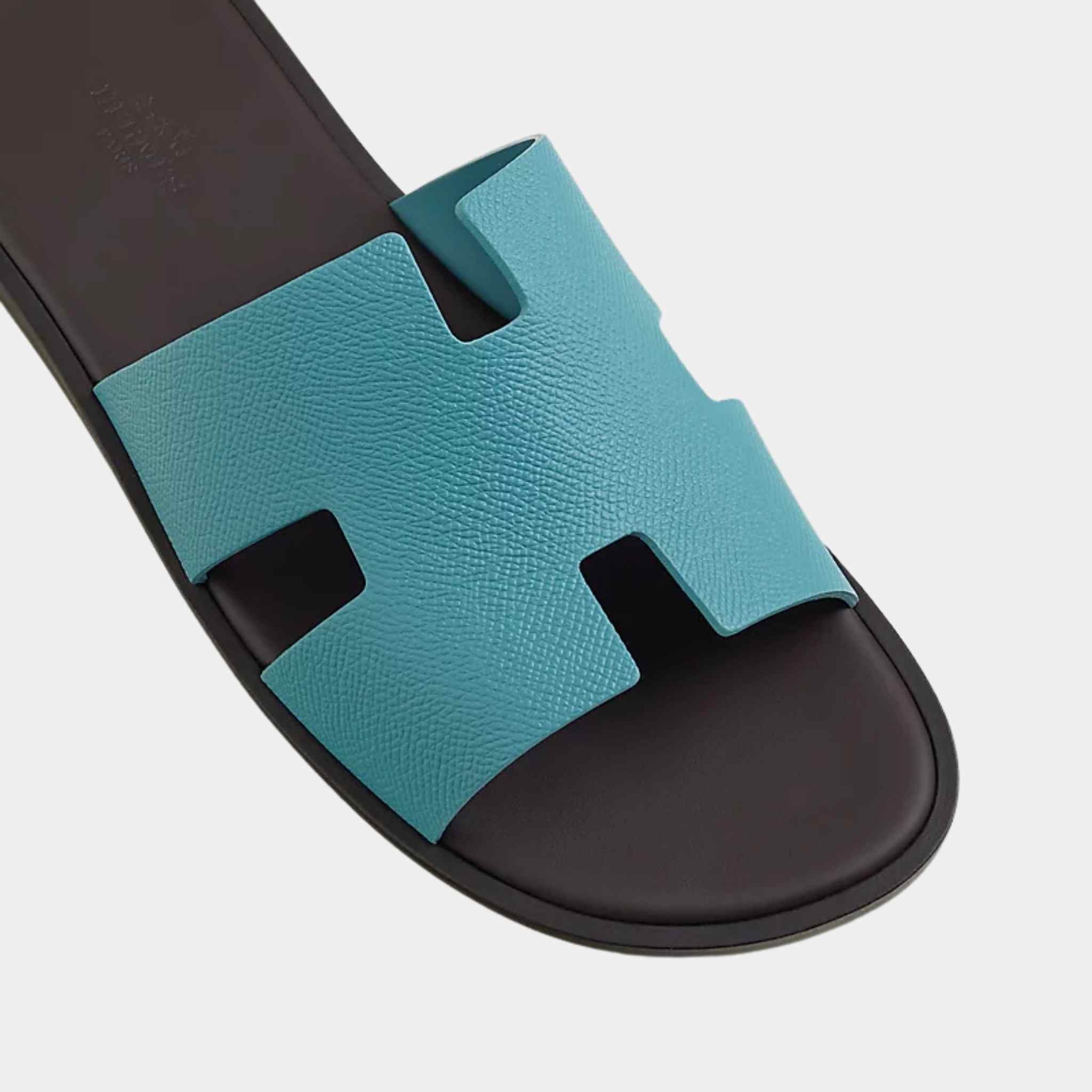 Hermes Izmir Sandals Mineral Blue Ebony Brown, Top Closeup view