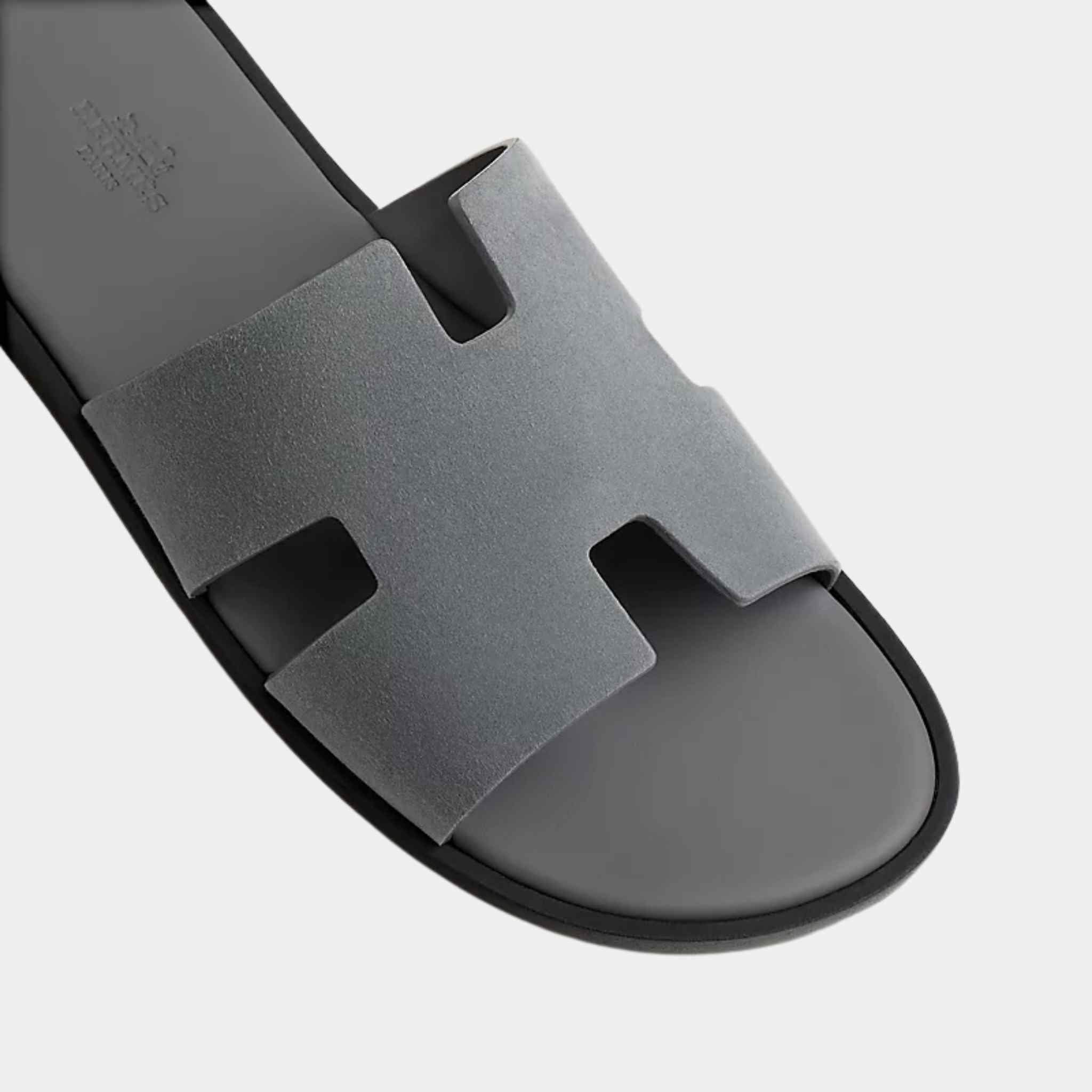 Hermes Izmire Sandals Storm Gray, Top Closeup View