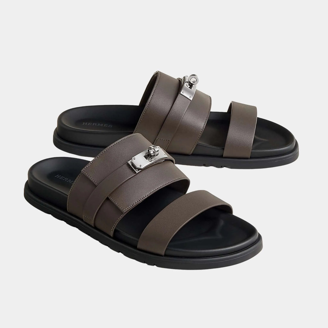 Hermes Jackson Sandal in Calfskin with Palladium Plated Buckle, Ecorce, Front