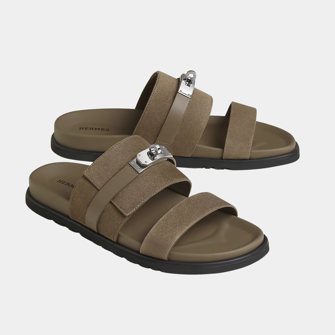 Hermes Jackson Sandals Suede Goatskin And Calfskin, Etoupe, Front