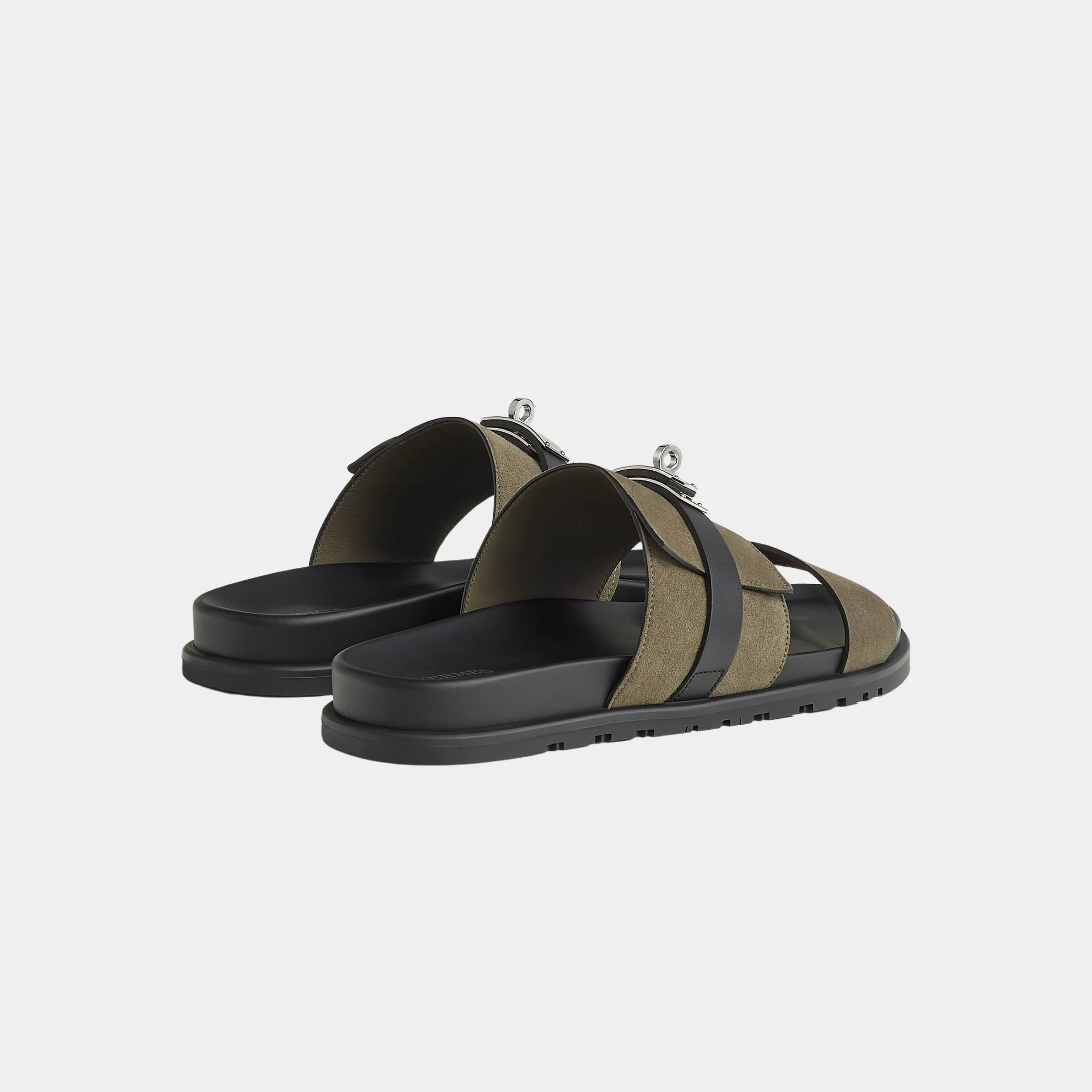 Hermes Jackson Sandals Suede Goatskin And Calfskin, Vert Toundra, Noir, Back