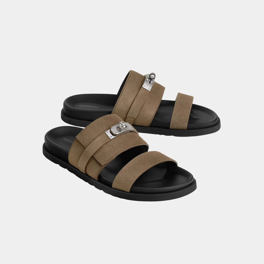 Hermes Jackson Sandals Suede Goatskin, Etoupe, Front