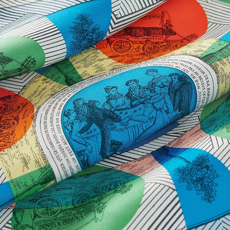 Hermes Jeu des Omnibus Remix Scarf 45, Blanc / Menthol / Bleu, Closeup