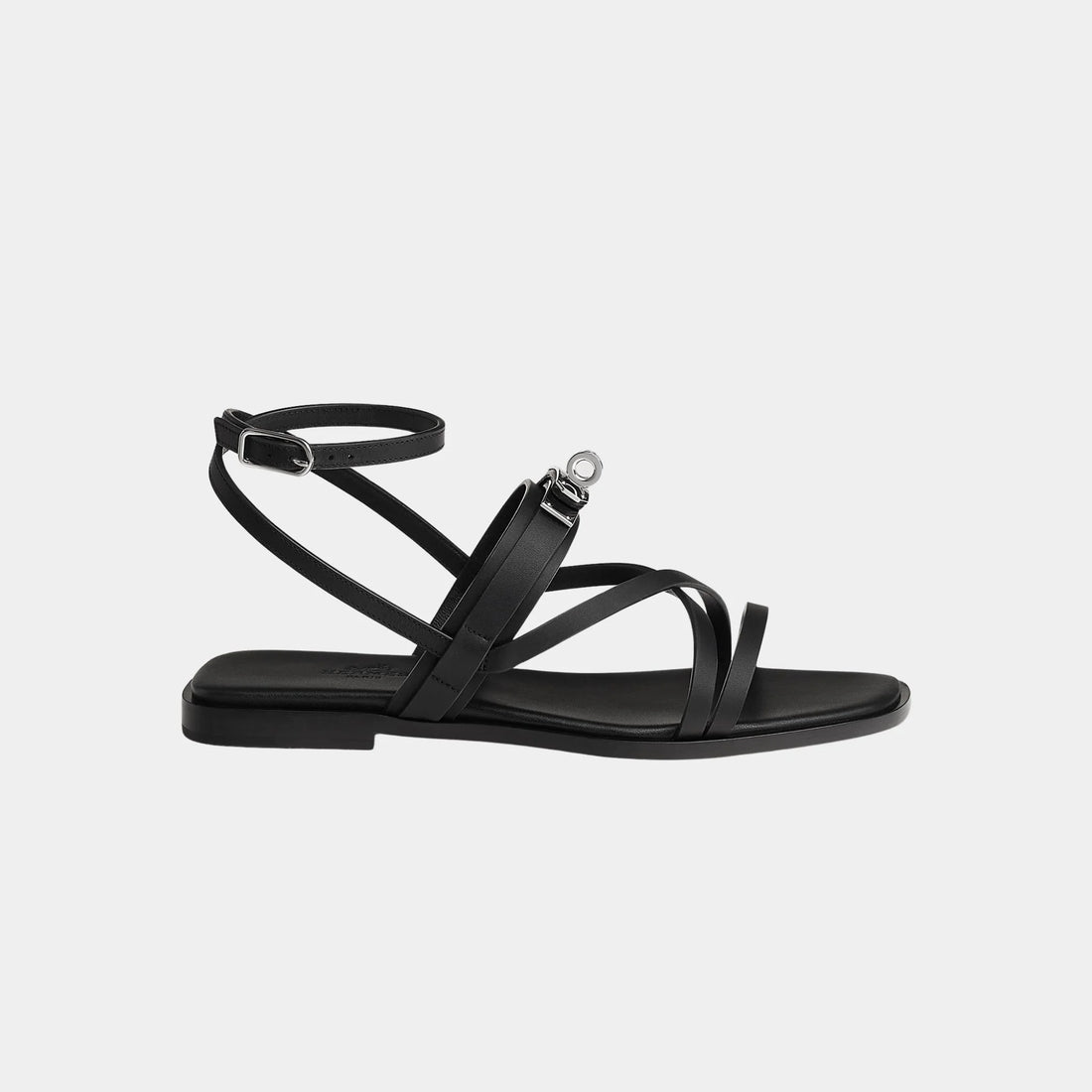 صنادل Hermès June بأشرطة من جلد العجل، أسود، من الجانب
