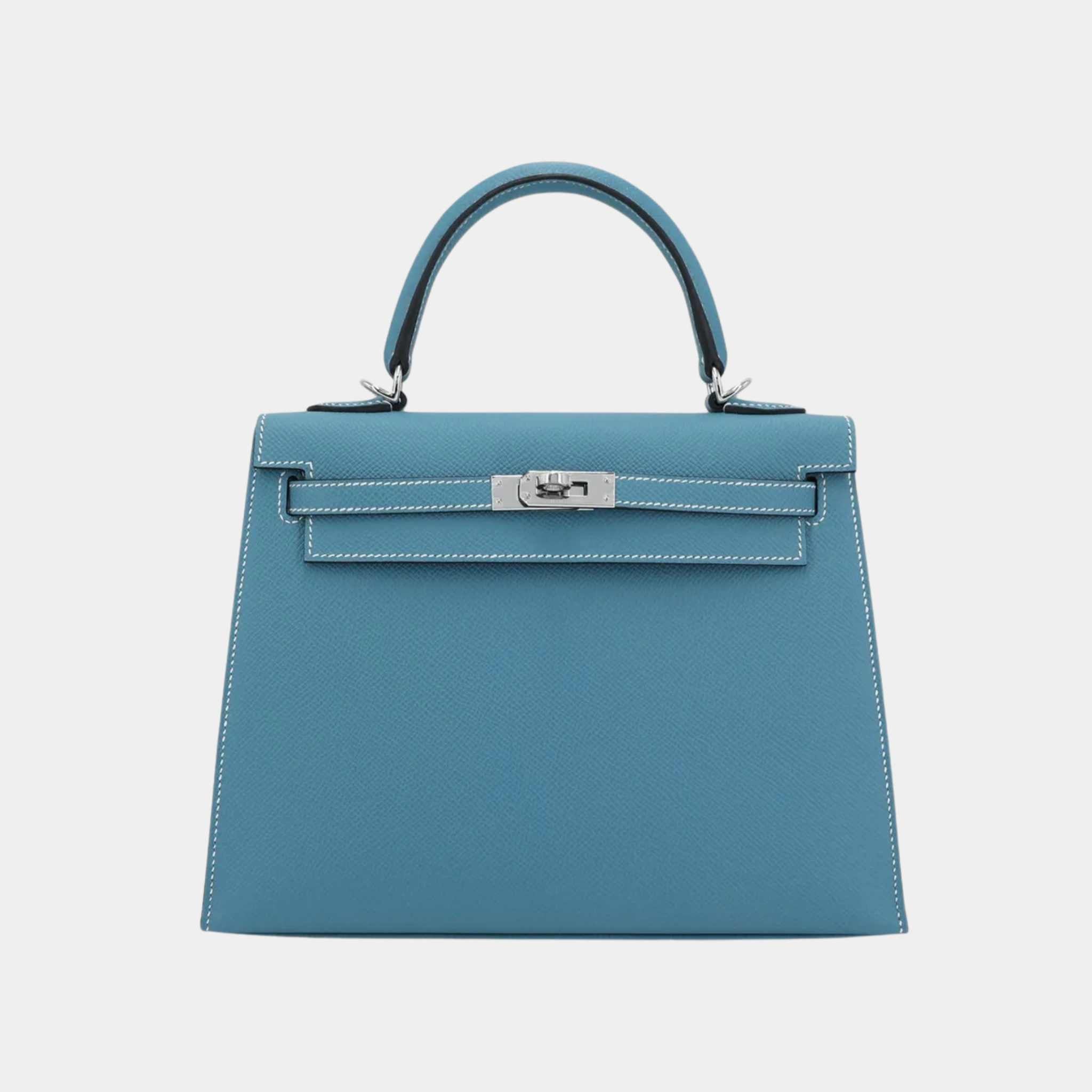 Hermes Kelly 25 Epsom Bleu Jeans PHW, Front