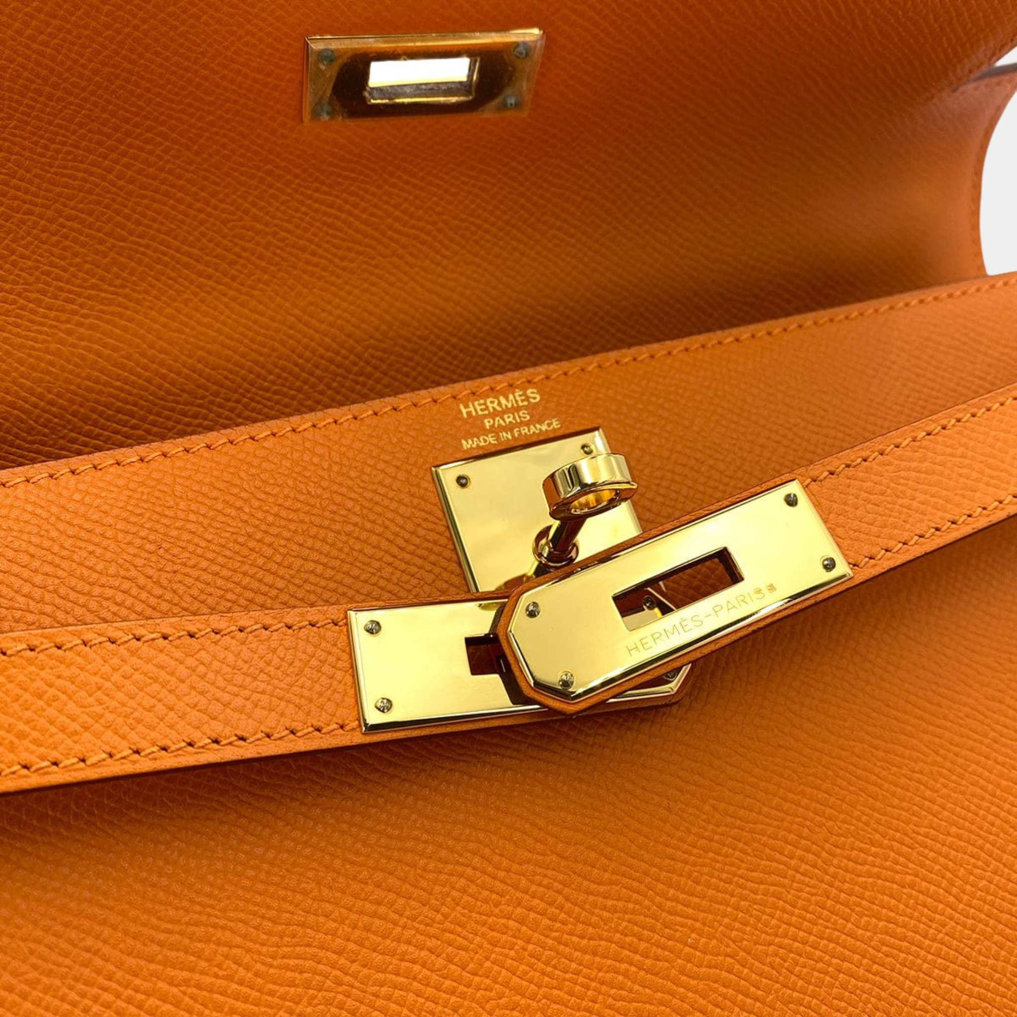 Hermes Kelly 25 Epsom Orange H GHW, Gold hardware, Closeup