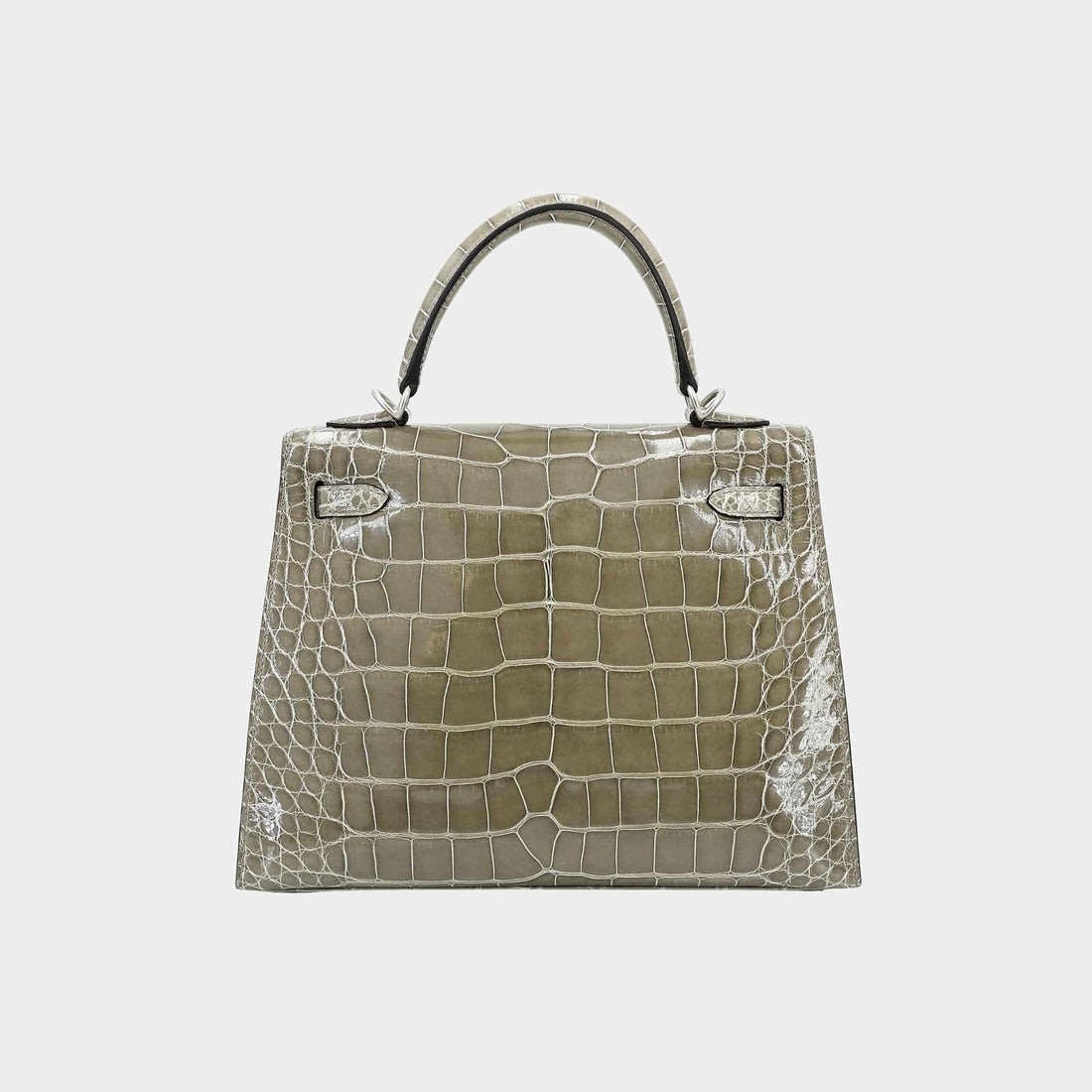 Hermes Kelly 25 HSS Sellier من جلد التمساح، Gris Tourterelle، PHW، من الخلف