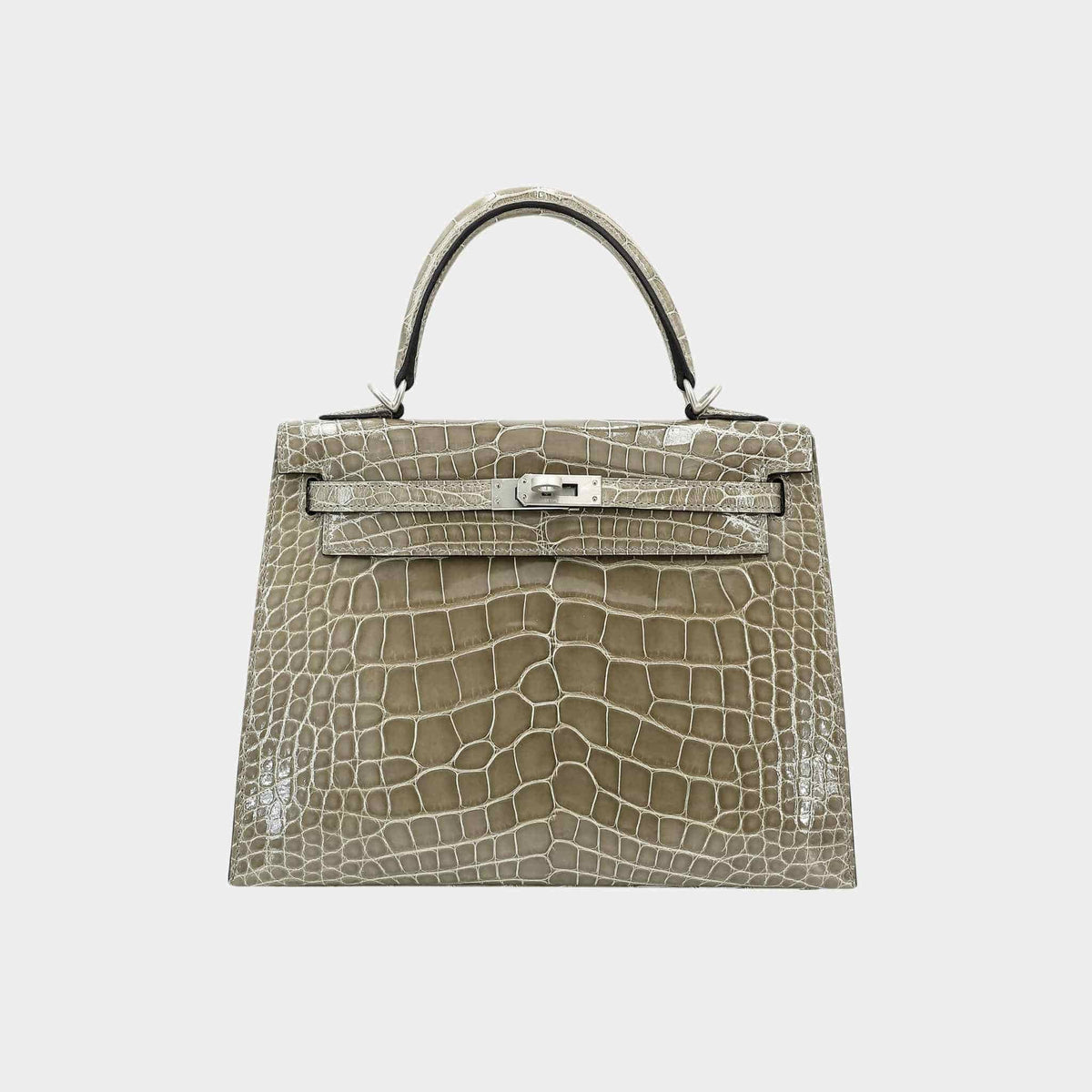 حقيبة Kelly 25 HSS Sellier من تمساح Alligator بلون Gris Tourterelle مع حليات بلاديوم