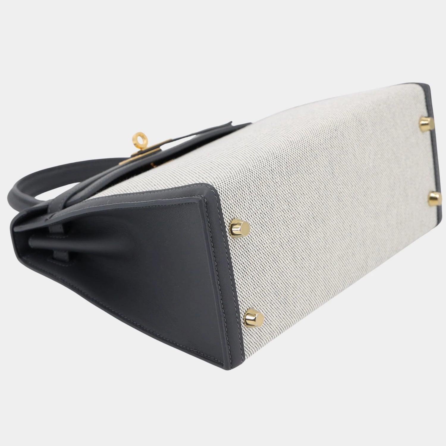 Hermes Kelly 25 Sellier Swift Toile Quadrille-Canvas Ardoise/Ecru GHW, Bottom