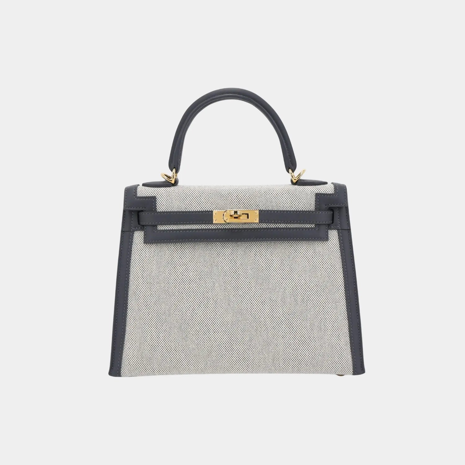 Hermes Kelly 25 Sellier Swift Toile Quadrille-Canvas Ardoise/Ecru GHW, Front 