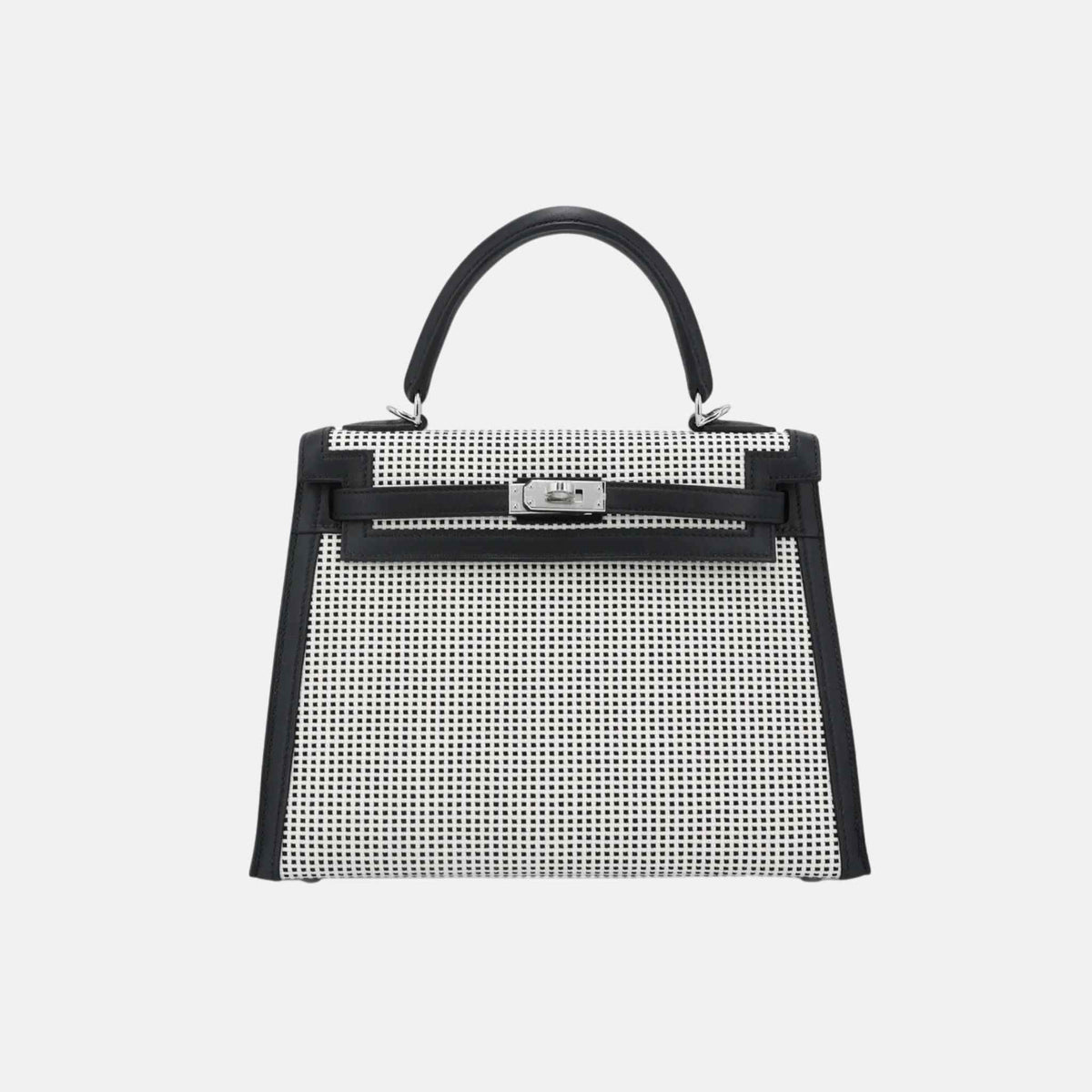 حقيبة Kelly 25 Toile Quadrille قماش-Swift بلون أسود مع حليات بلاديوم