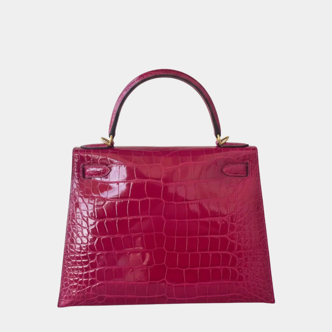 Hermes Kelly 28 Alligator Mississippiensis لامع وردي أرجواني مع GHW، من الخلف 