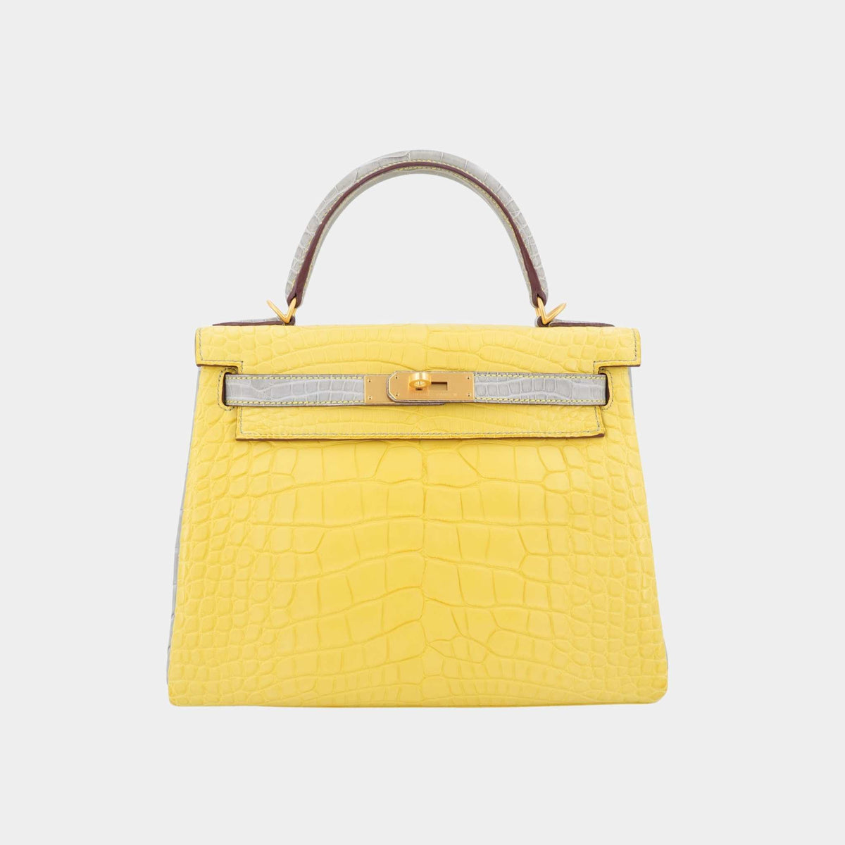 حقيبة Kelly 28 HSS Matte Alligator Gris Perle/Lime مع حليات ذهبية