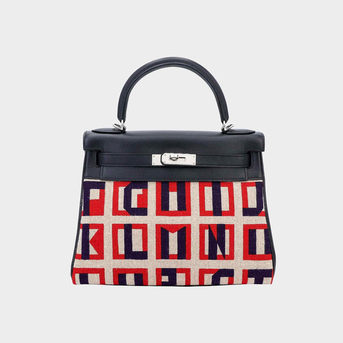 حقيبة Kelly 28 إصدار محدود من Toile de Camp قماش-Swift أسود مع حليات بلاديوم