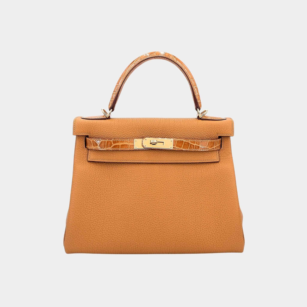 حقيبة Kelly 28 Touch من Togo وتمساح لامع Niloticus بلون Tabac Camel مع حليات ذهبية
