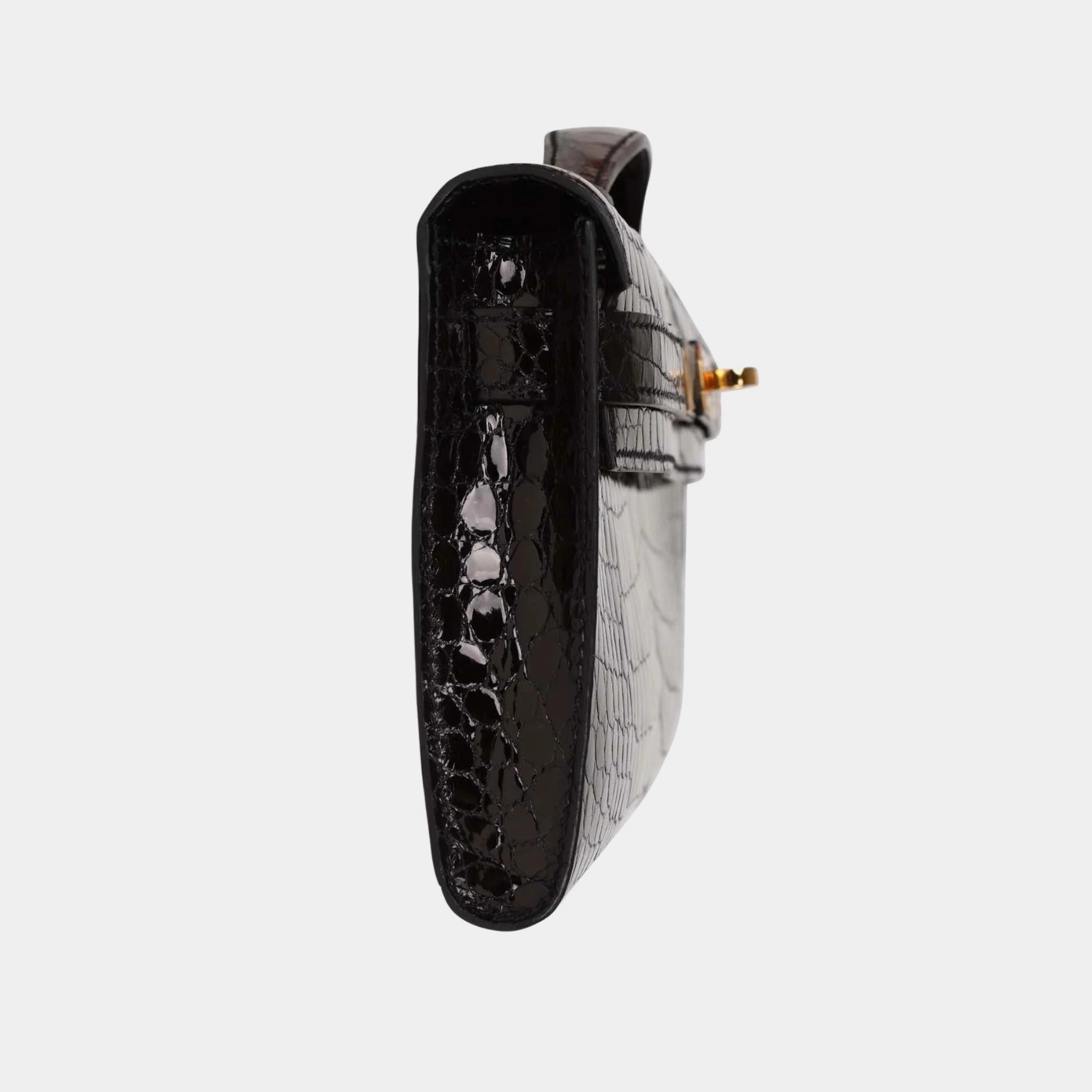Hermes Kelly Cut Clutch Shiny Porosus Crocodile Black GHW, Side